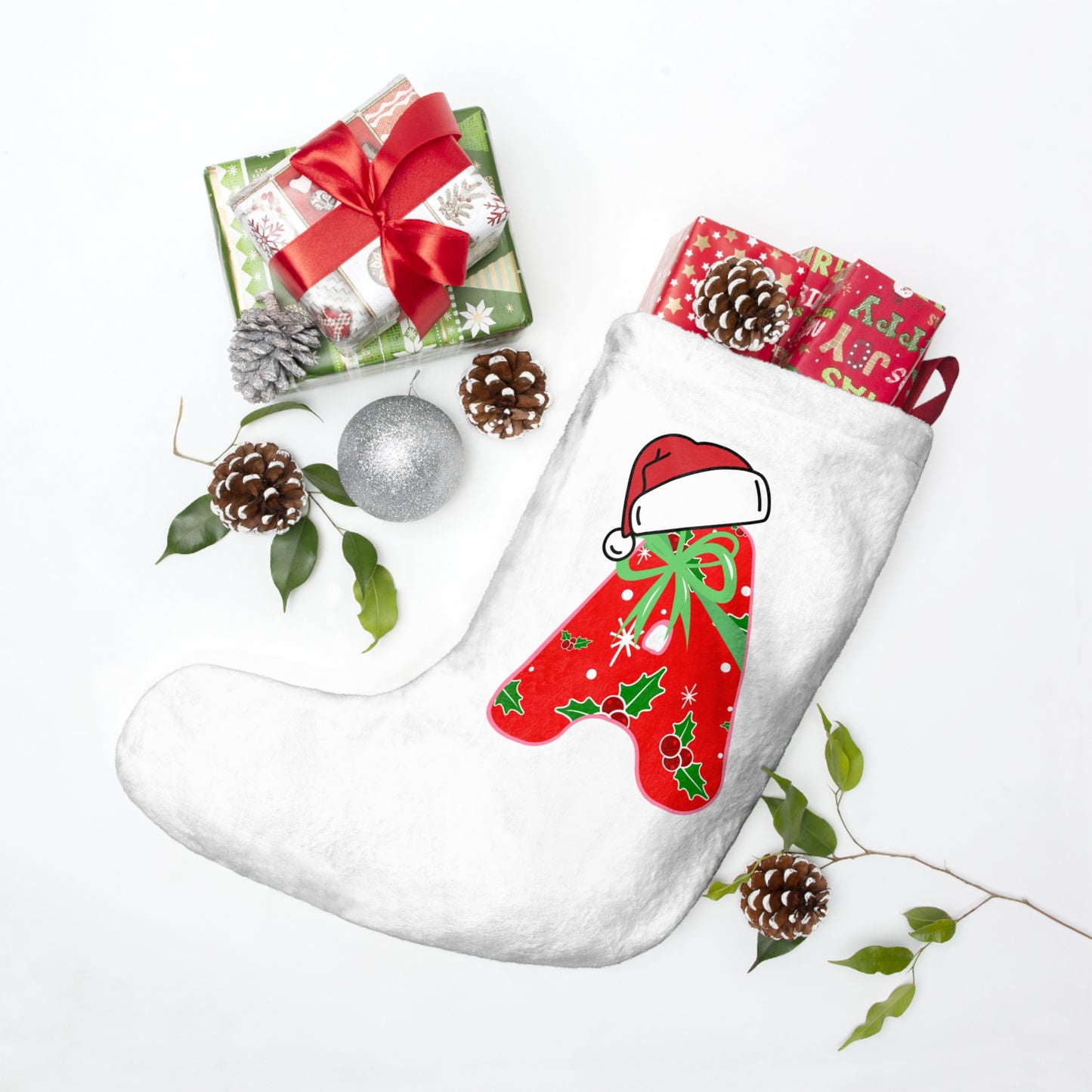 Personalized Christmas Stocking with Festive Santa Hat Monogram