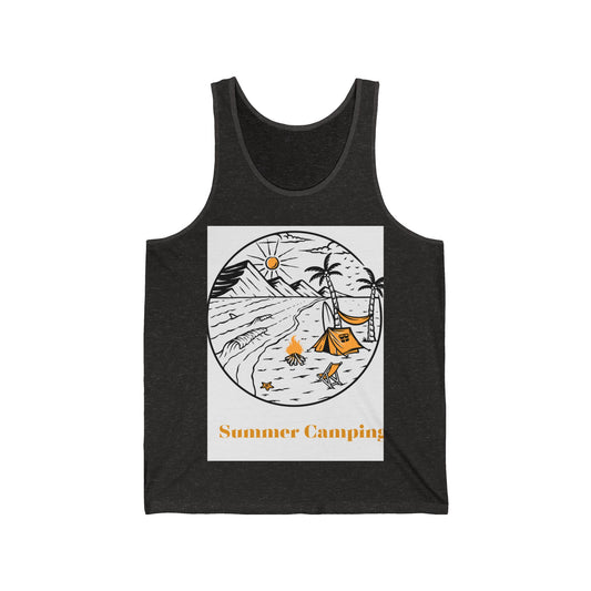 Summer Camping Unisex Jersey Tank, Outdoor Adventure Shirt, Camping Apparel, Gift for Campers, Vacation Wear, Travel Tee
