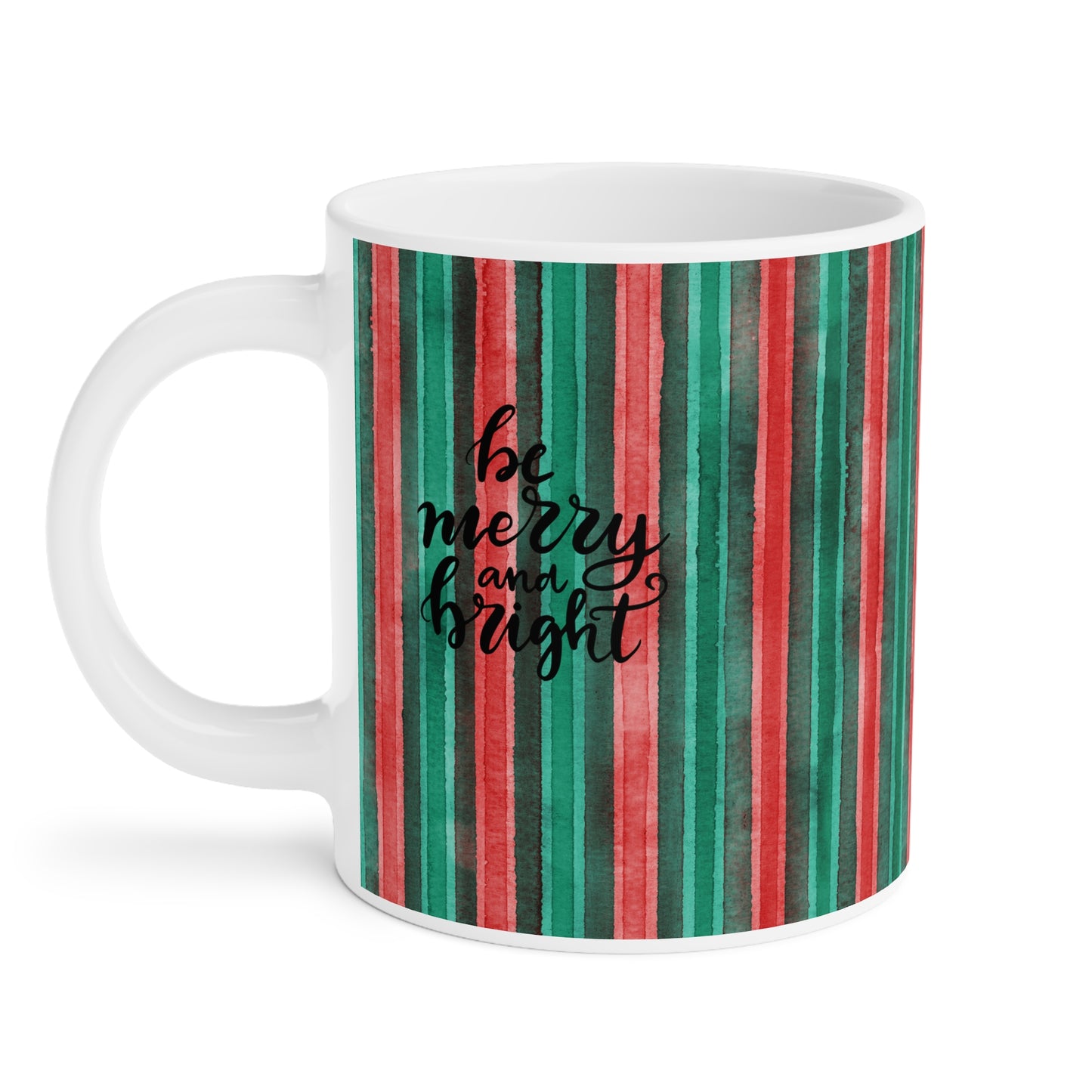 Christmas Stripe Mug — 'Be Merry and Bright' Holiday Ceramic Coffee Cup