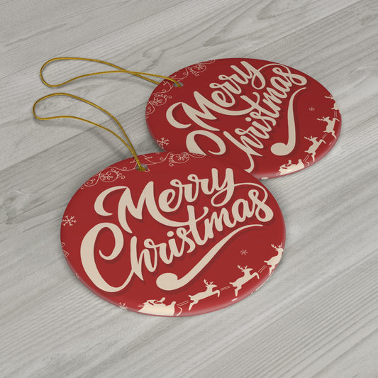 Merry Christmas Ceramic Ornament - Red Round Holiday Tree Decoration