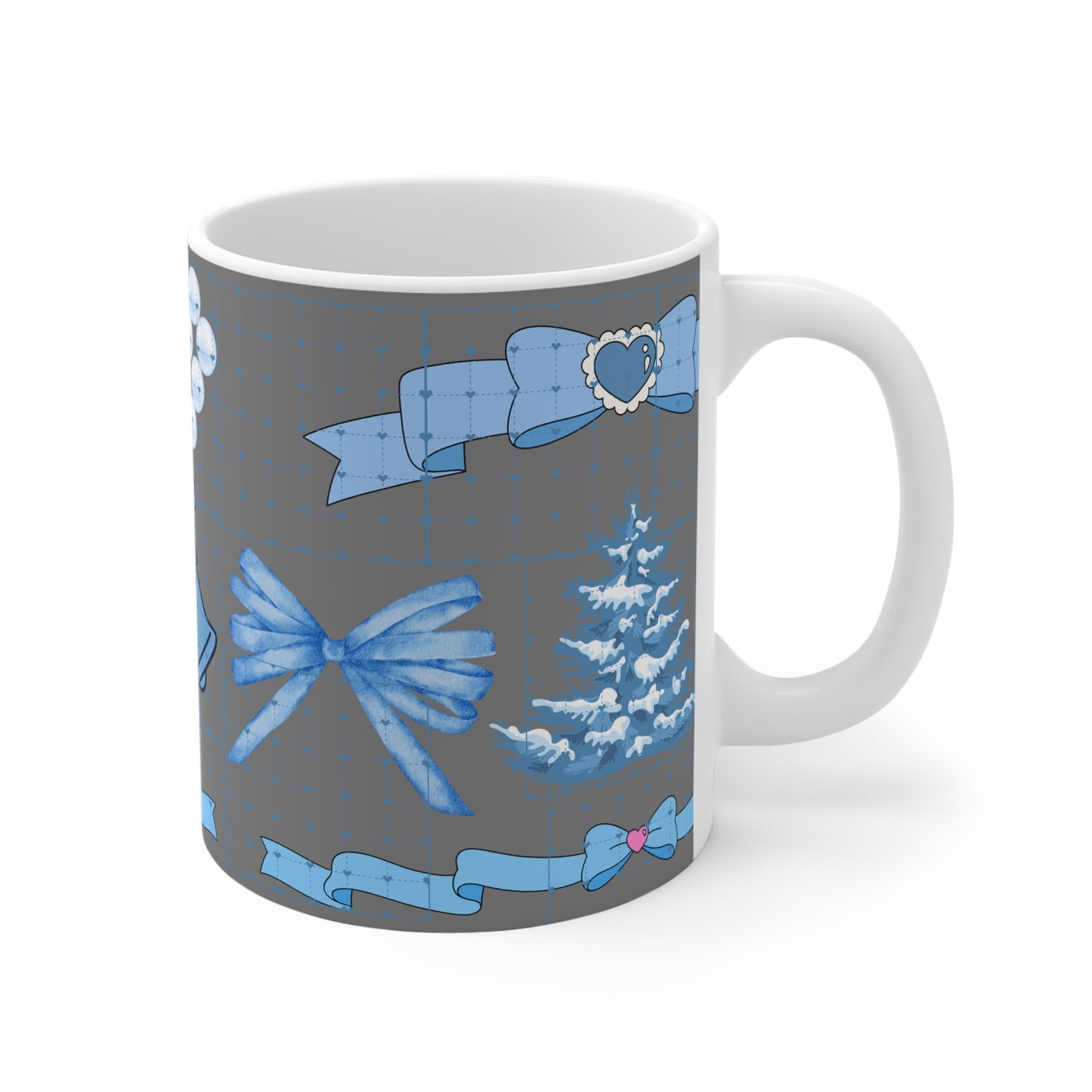 Blue Holiday Ornament Mug — Christmas Tree, Bells & Bows Ceramic Coffee Cup