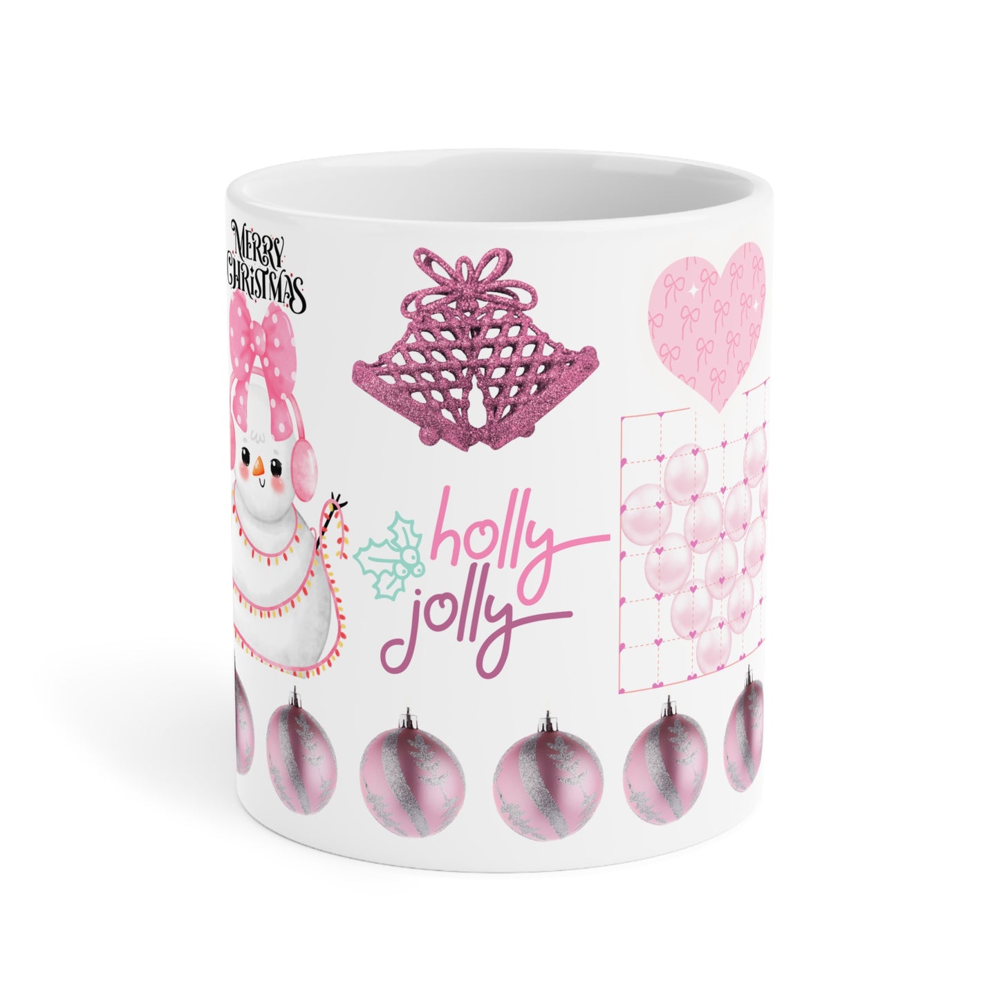 Holly Jolly Pink Christmas Mug — Cute Snowman Holiday Ceramic Coffee Cup