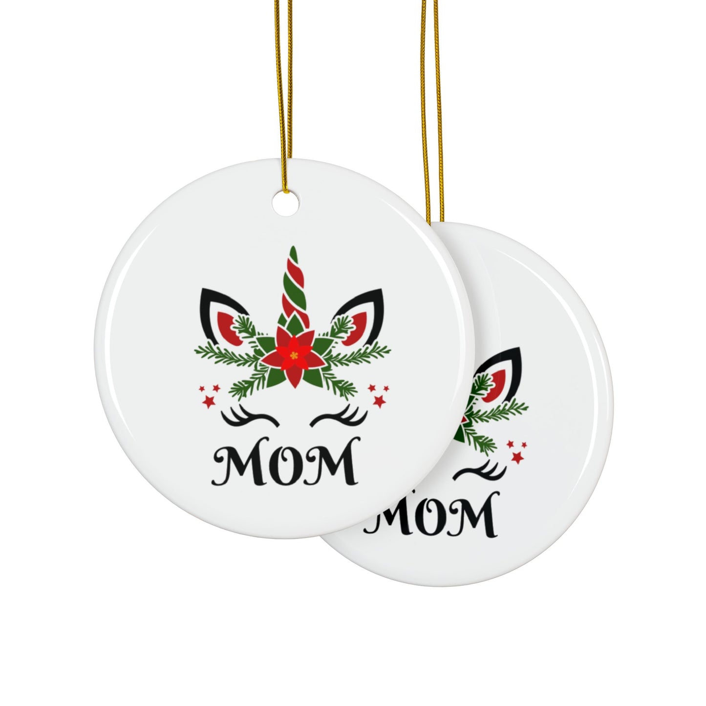 ‘MOM’ Christmas Unicorn Ceramic Ornaments, 2-Side Print, (1pc, 3pcs, 5pcs, 10pcs)