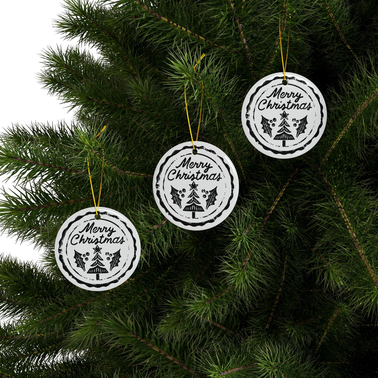 Merry Christmas Ceramic Ornament — Double-Sided Round Holiday Tree & Holly Decoration (1–10 pcs)