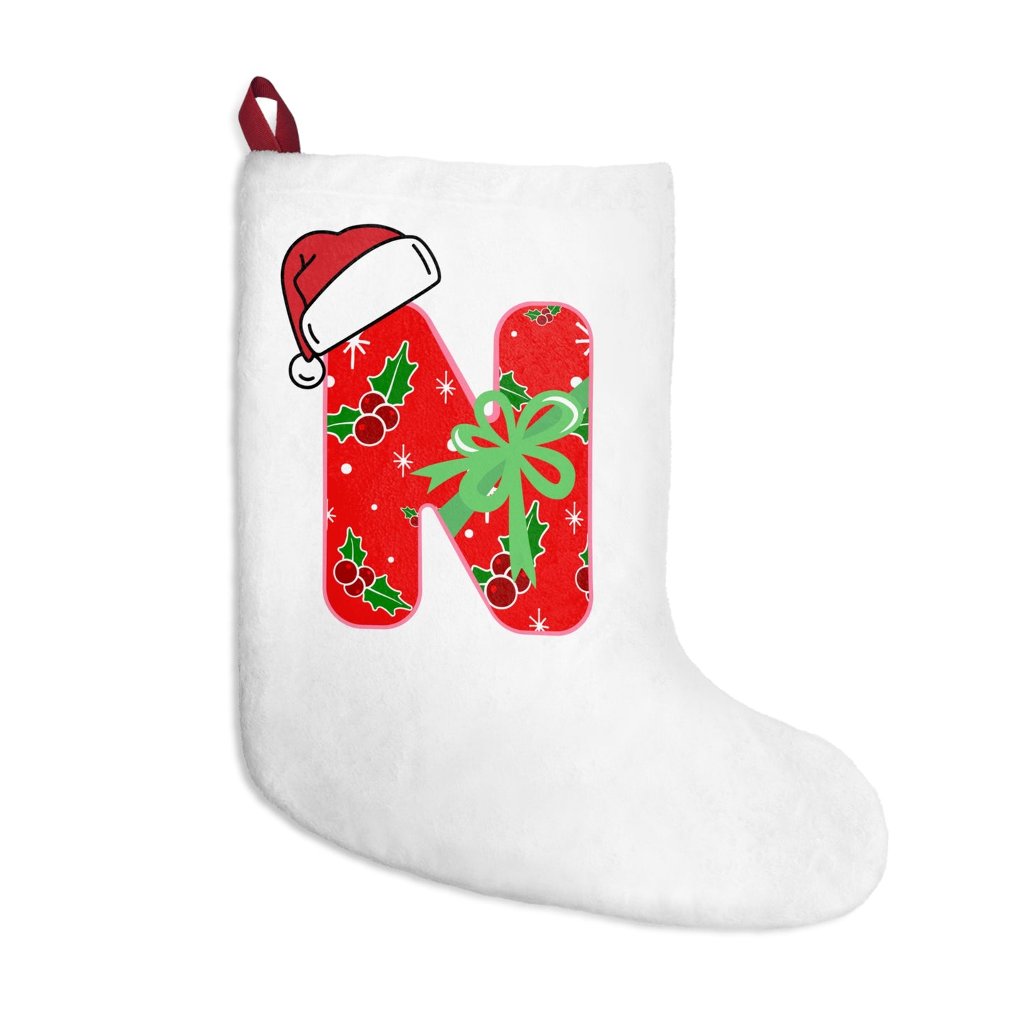 Personalized Letter Christmas Stocking - Red Holly N with Santa Hat & Gift Bow