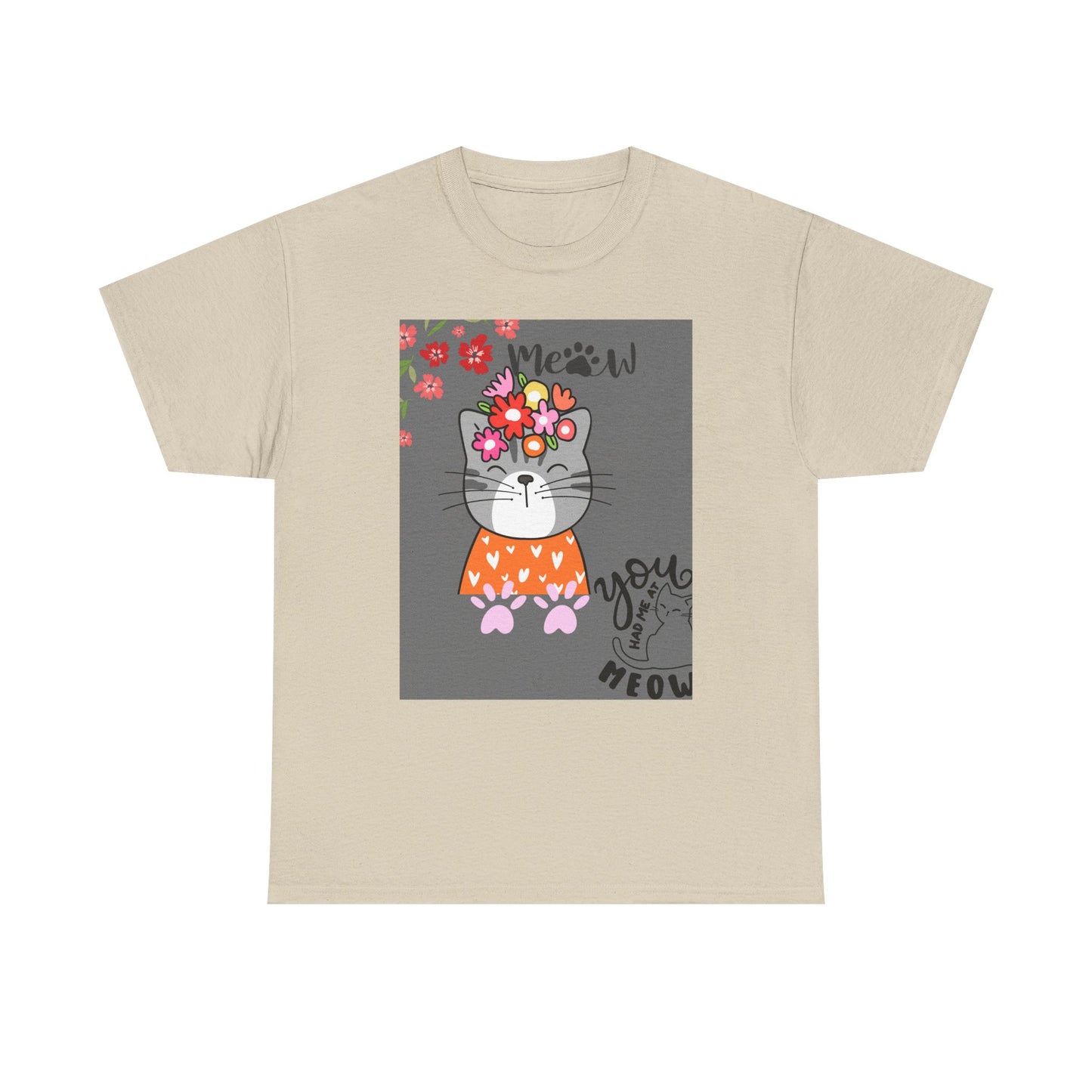 Cute Cat Floral Unisex Heavy Cotton Tee - 'You had me at Meow' Design