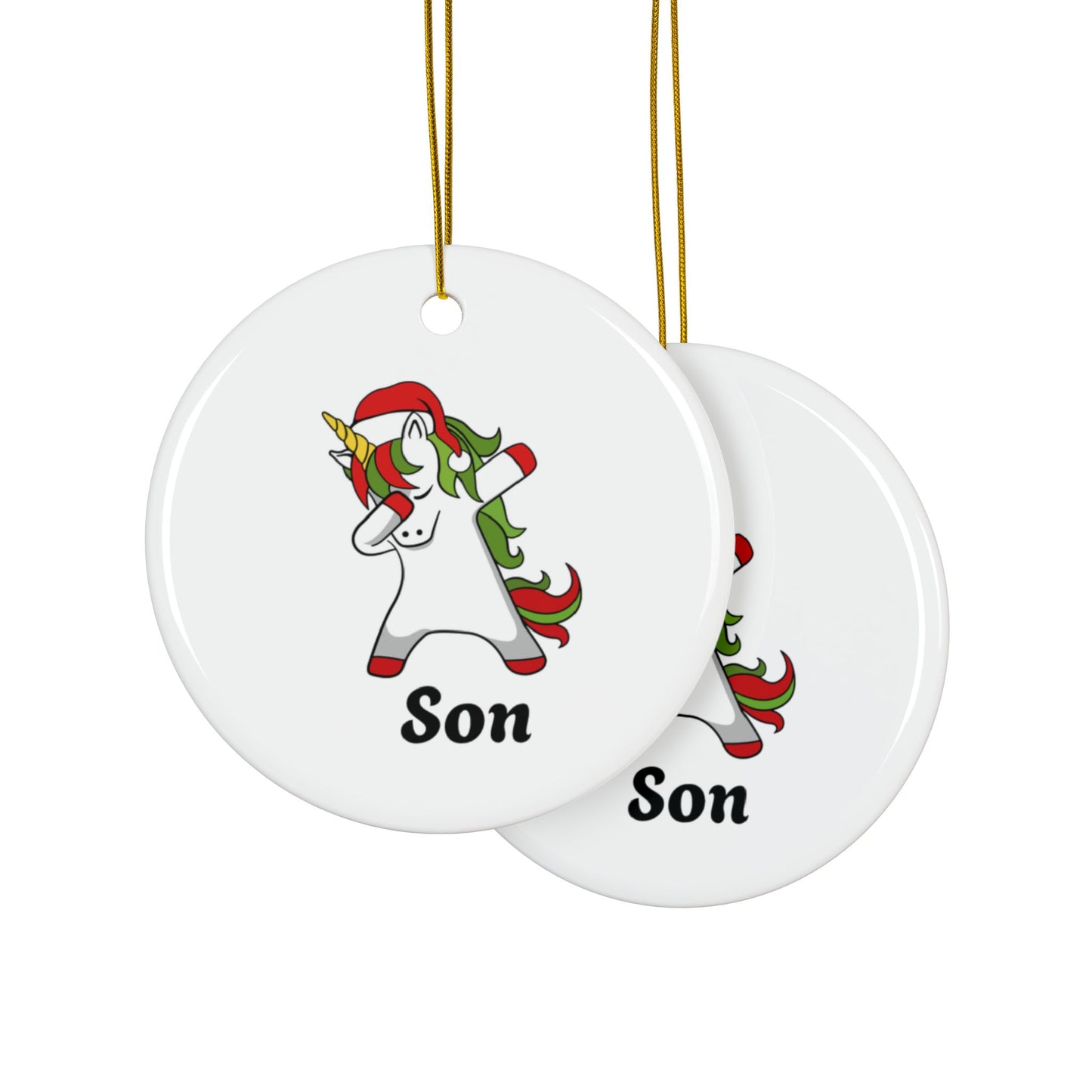 ‘SON’ Christmas Unicorn Ceramic Ornaments, 2-Side Print, (1pc, 3pcs, 5pcs, 10pcs)