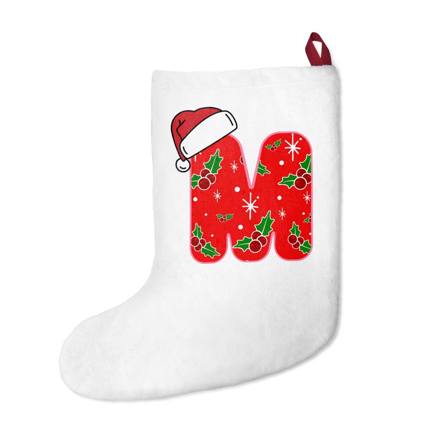 Personalized Christmas Stocking 'M' — Festive Holly & Santa Hat Holiday Stocking