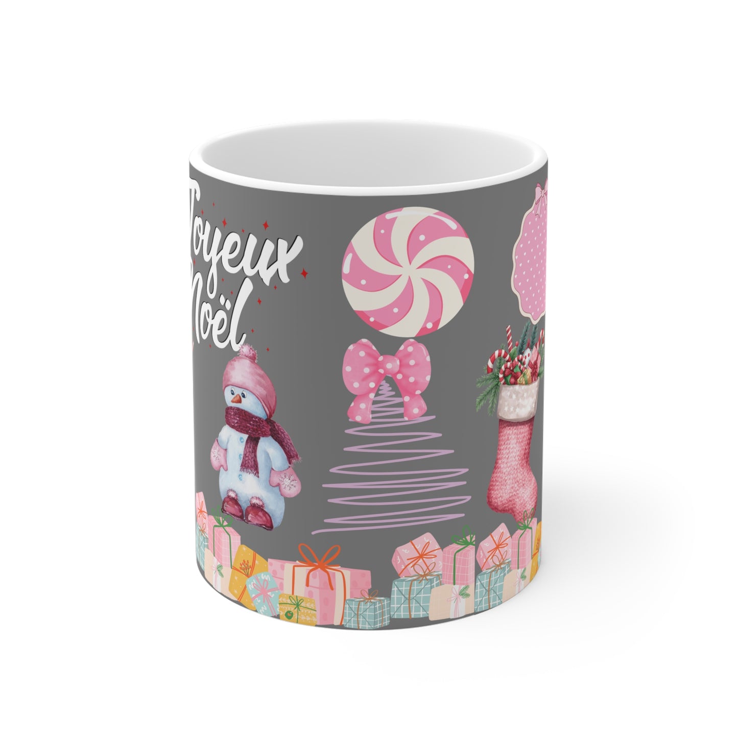 Joyeux Noël Holiday Mug — Pink Christmas Stocking & Cute Snowman Coffee Cup