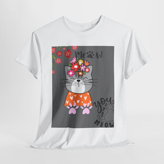 Cute Cat Floral Unisex Heavy Cotton Tee - 'You had me at Meow' Design