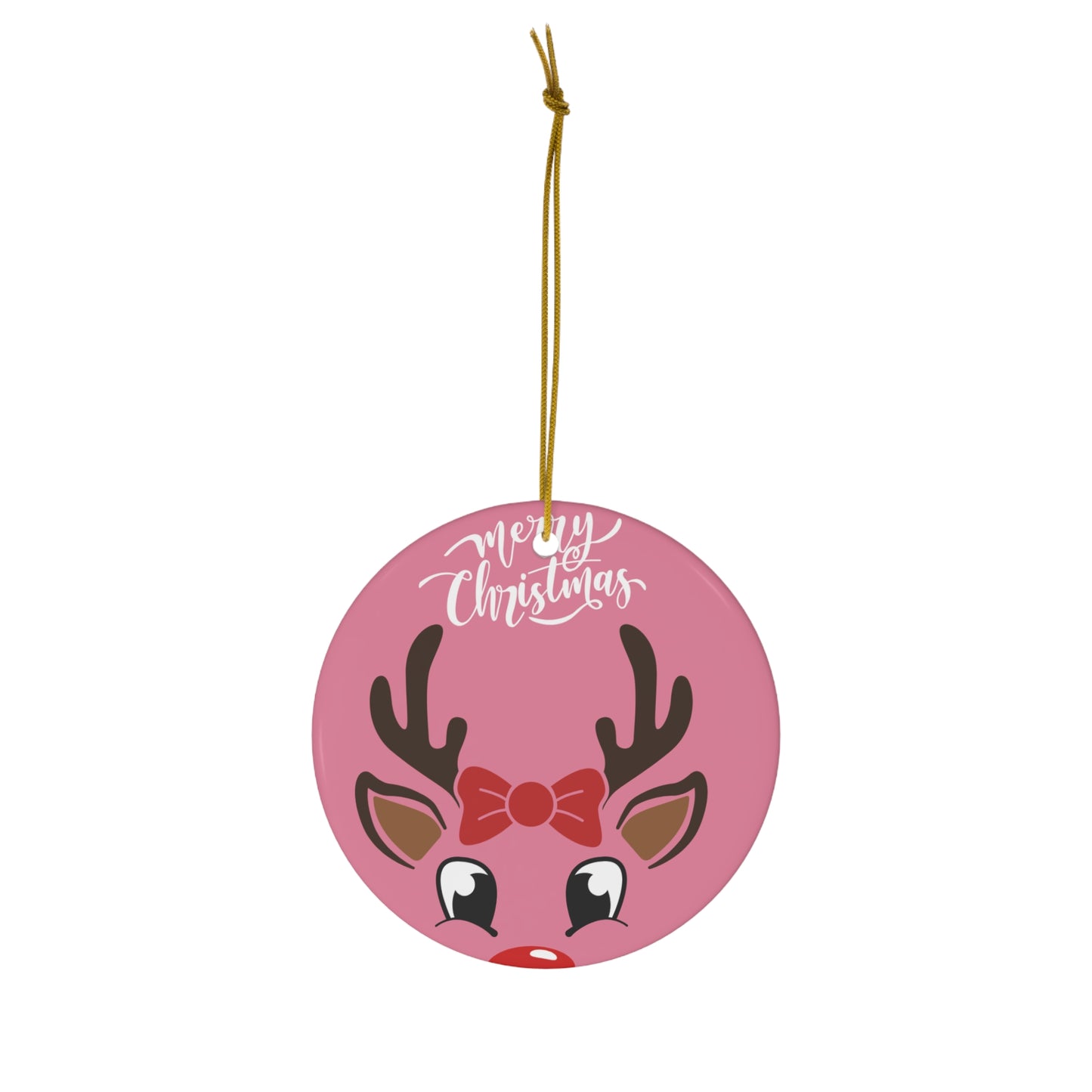 Pink Reindeer Ceramic Ornament – 'Merry Christmas' Holiday Tree Decoration