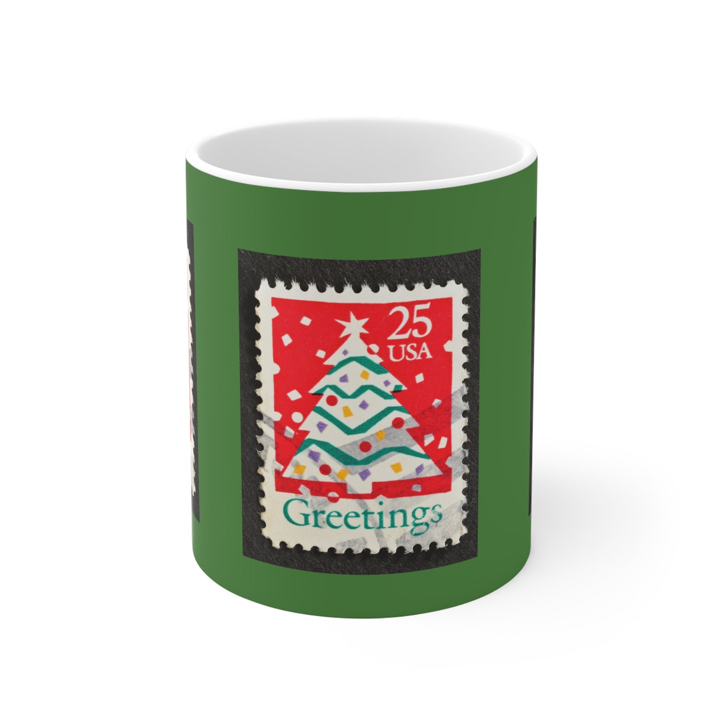 Holiday Stamp Mug — 'Greetings' Christmas Tree Ceramic Coffee Cup