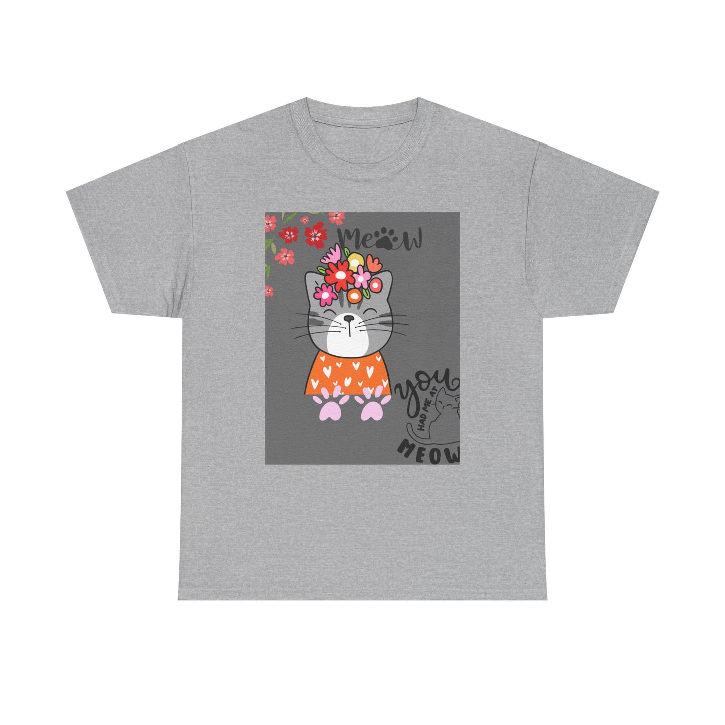 Cute Cat Floral Unisex Heavy Cotton Tee - 'You had me at Meow' Design