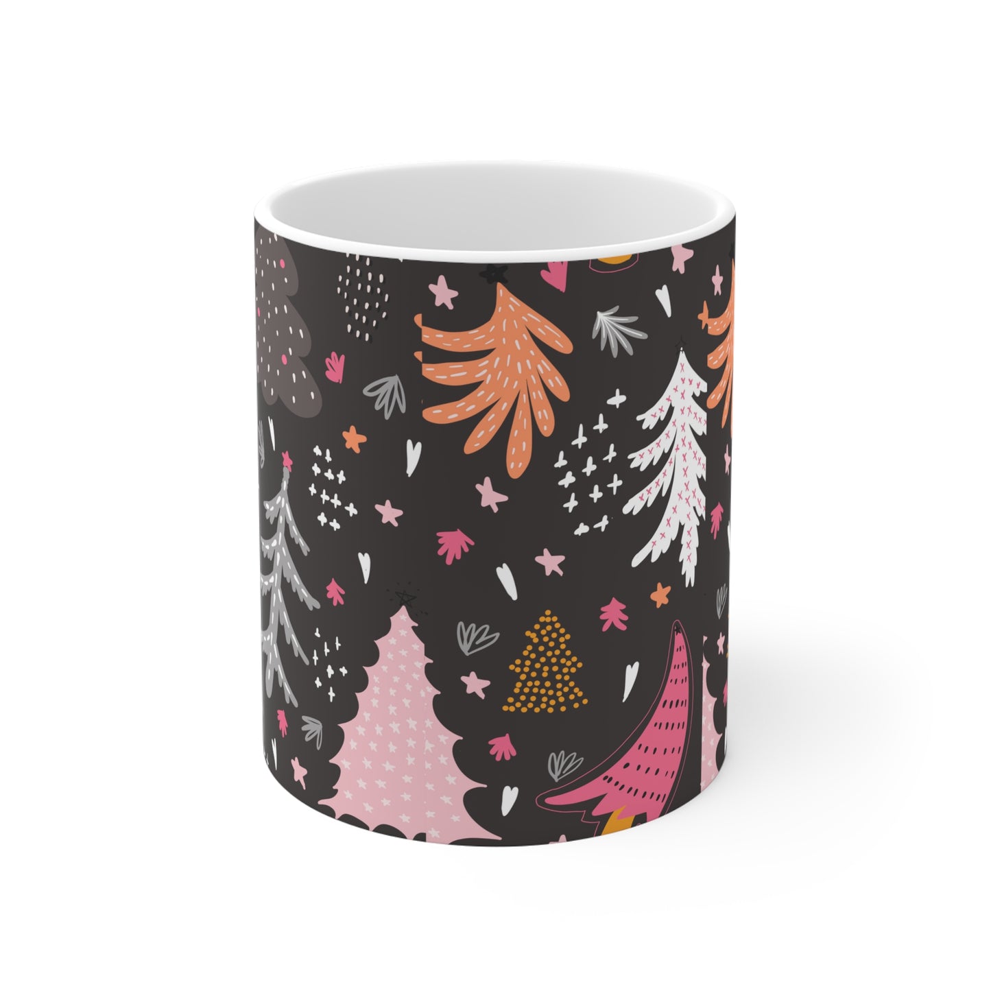 Christmas Tree Pattern Ceramic Mug — Pink & Gold Holiday Coffee Cup