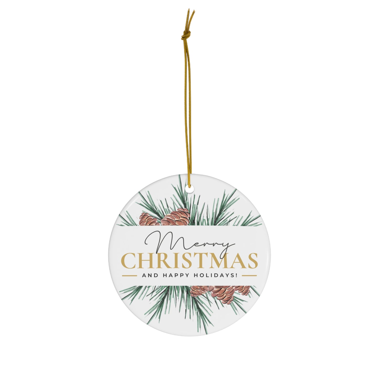 Merry Christmas Ceramic Ornament — Pine & Pinecone Holiday Decoration