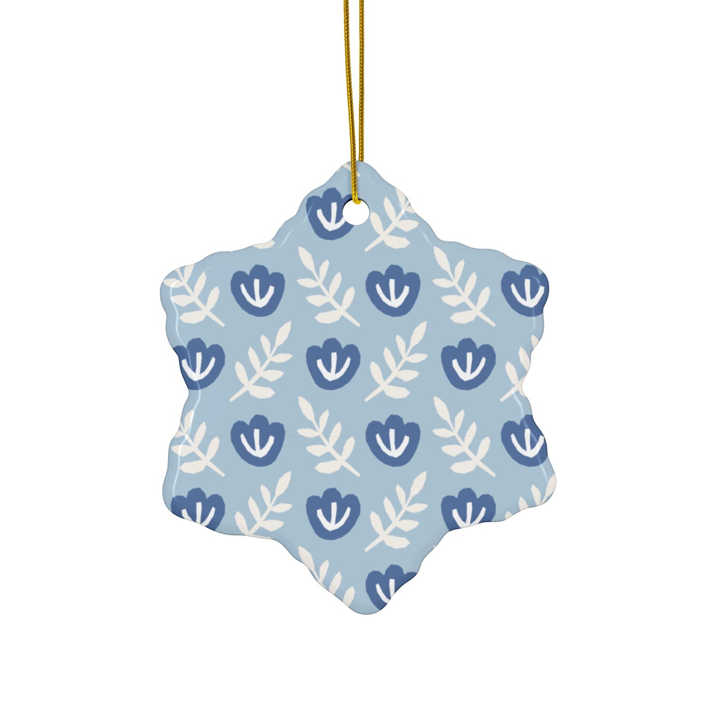 Blue Folk Floral Ceramic Ornament – Round 2-Sided Holiday Decoration