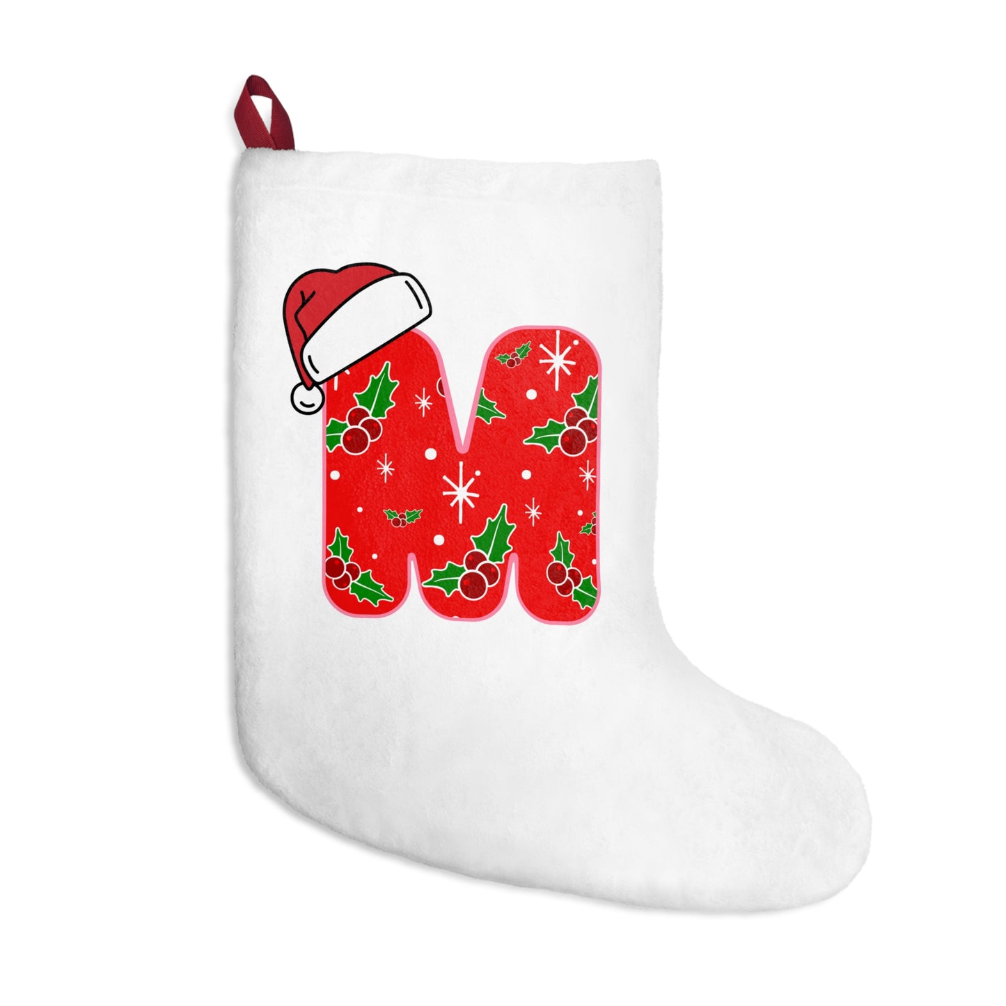 Personalized Christmas Stocking 'M' — Festive Holly & Santa Hat Holiday Stocking