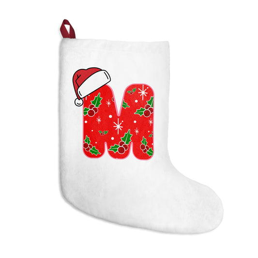 Personalized Christmas Stocking 'M' — Festive Holly & Santa Hat Holiday Stocking