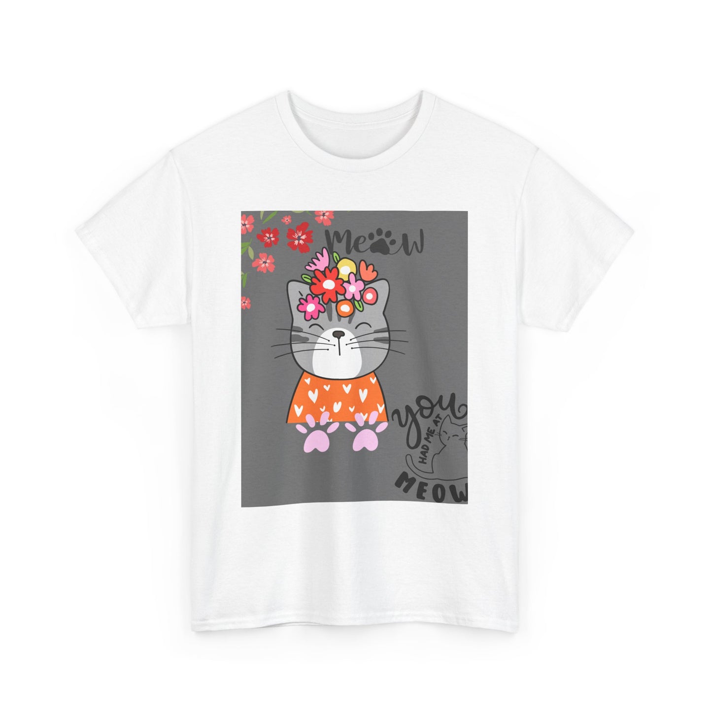 Cute Cat Floral Unisex Heavy Cotton Tee - 'You had me at Meow' Design