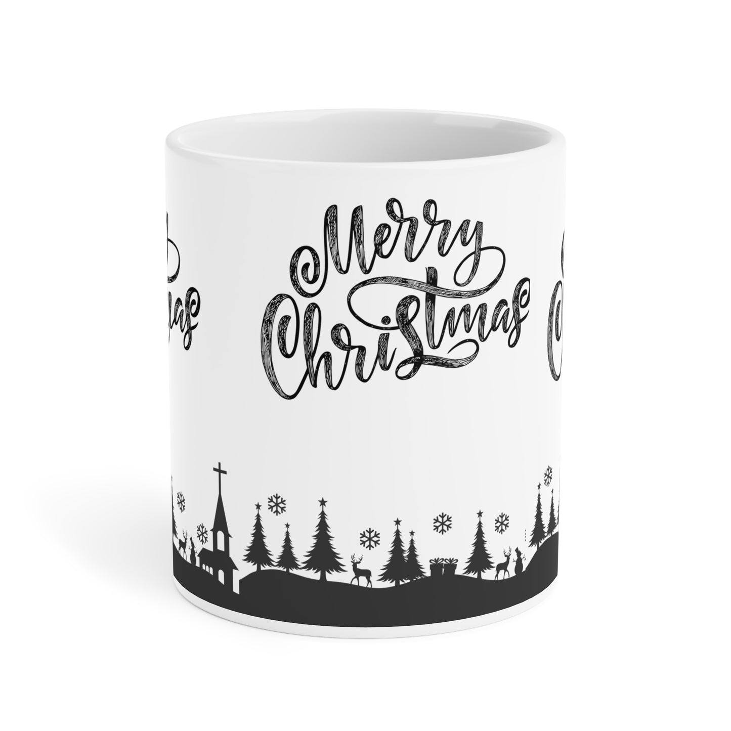 Merry Christmas Ceramic Mug — Black Holiday Village Design (11/15/20oz)