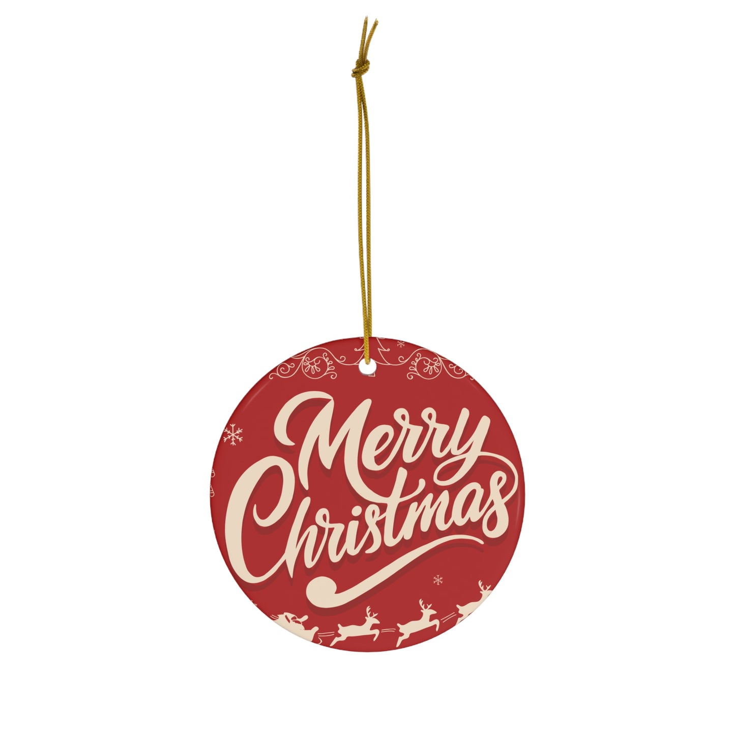 Merry Christmas Ceramic Ornament - Red Round Holiday Tree Decoration