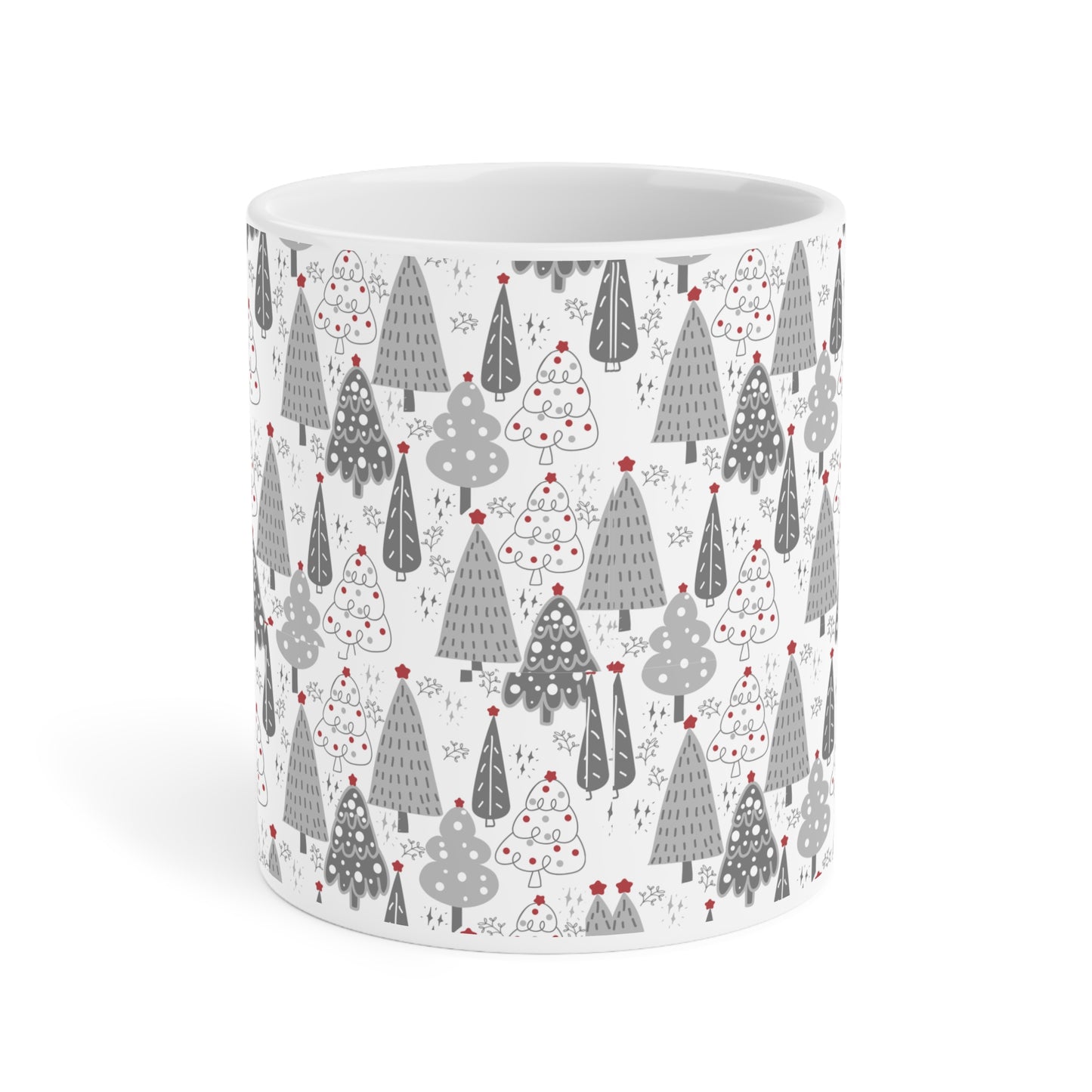 Christmas Tree Pattern Mug — Festive Grey Holiday Ceramic Coffee Cup