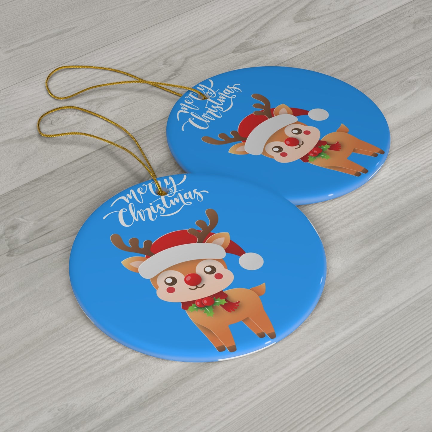 Christmas Reindeer Ceramic Ornament — Cute Santa Hat Reindeer, "Merry Christmas" Holiday Tree Decoration