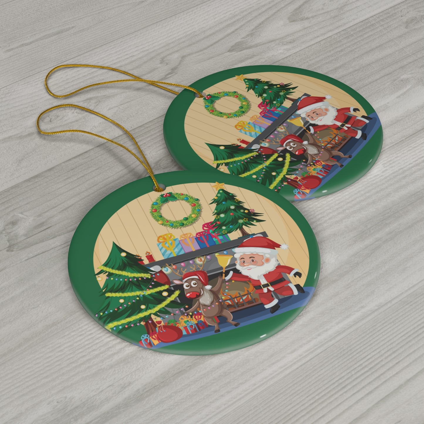Christmas Santa & Reindeer Ceramic Ornament — Holiday Tree Decoration