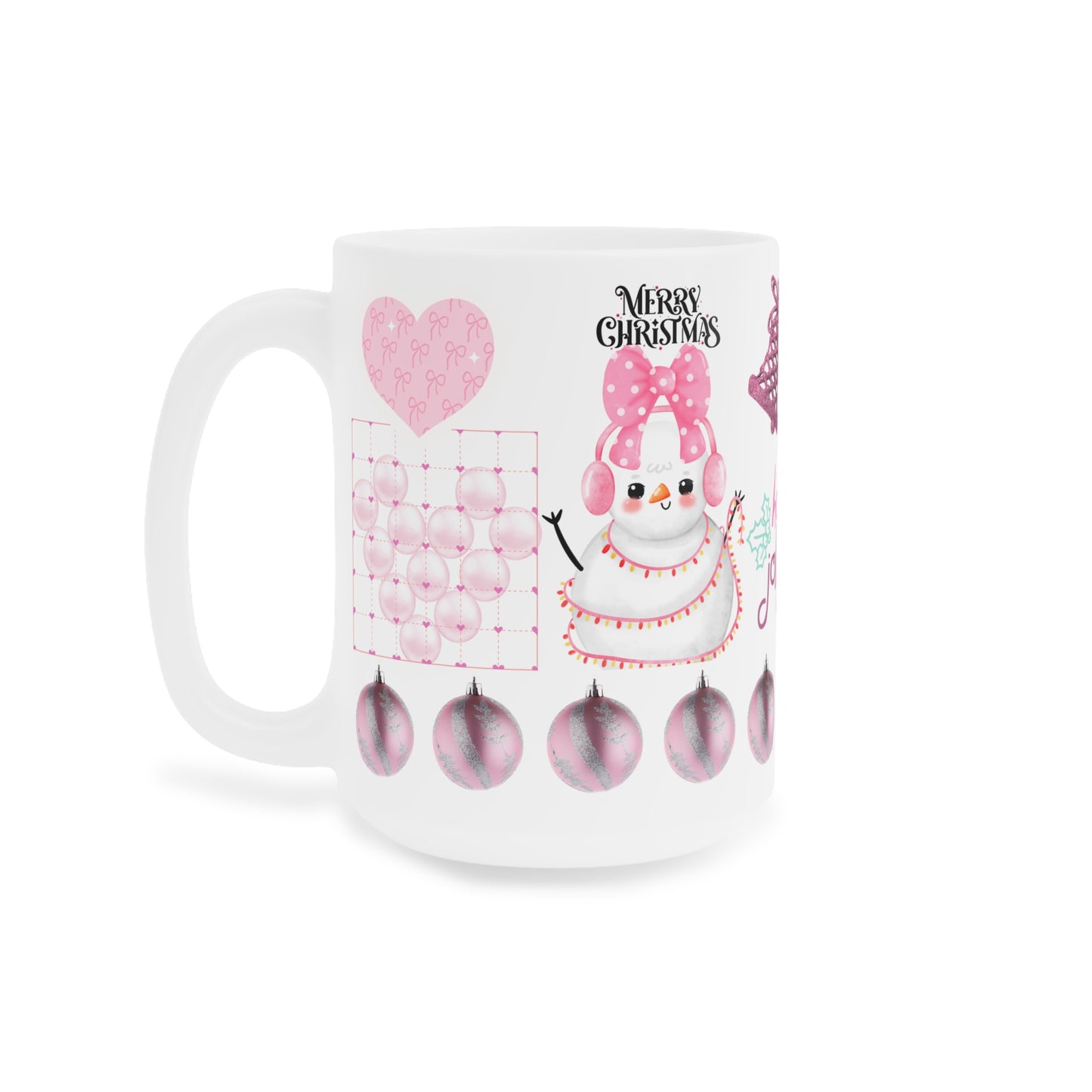 Holly Jolly Pink Christmas Mug — Cute Snowman Holiday Ceramic Coffee Cup