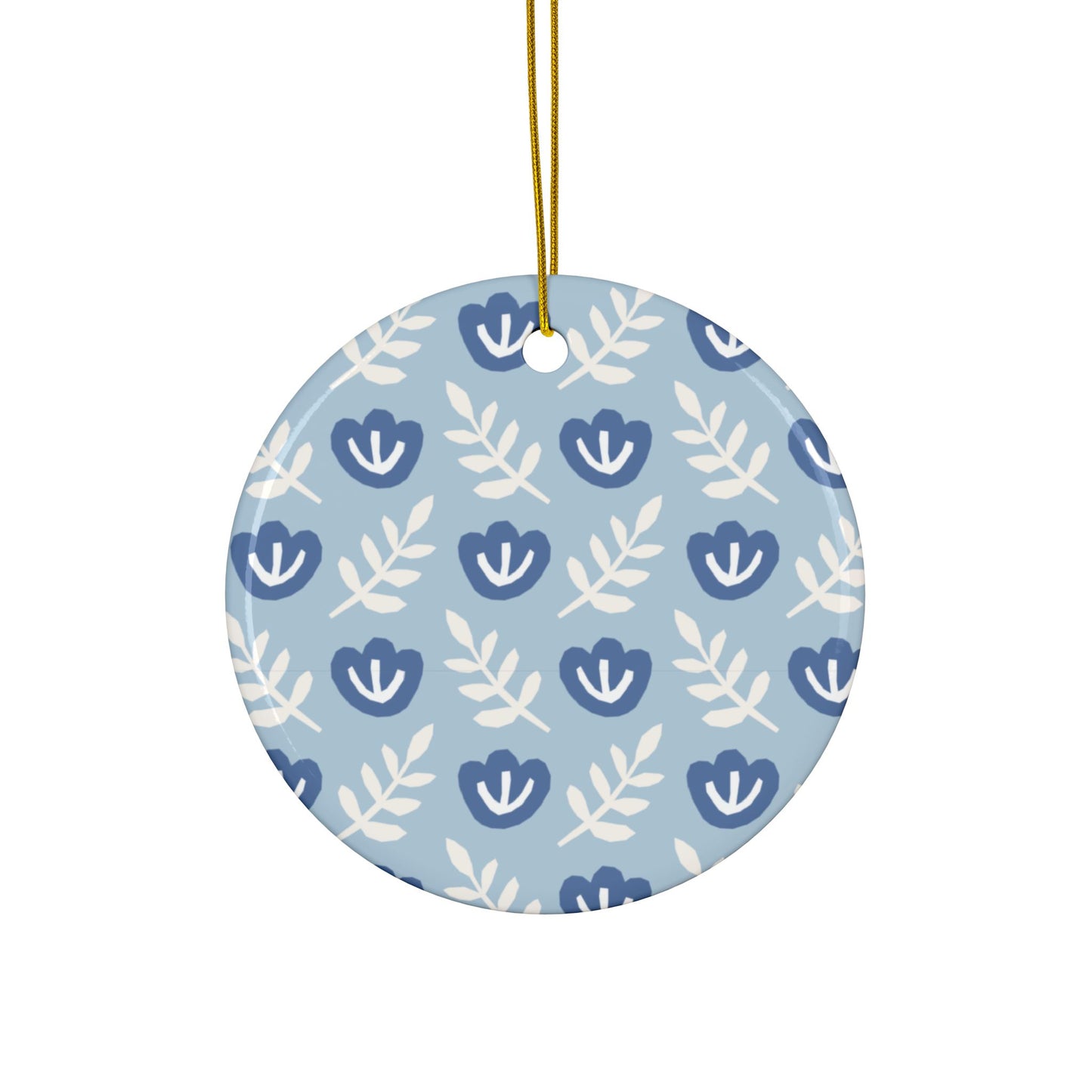 Blue Folk Floral Ceramic Ornament – Round 2-Sided Holiday Decoration