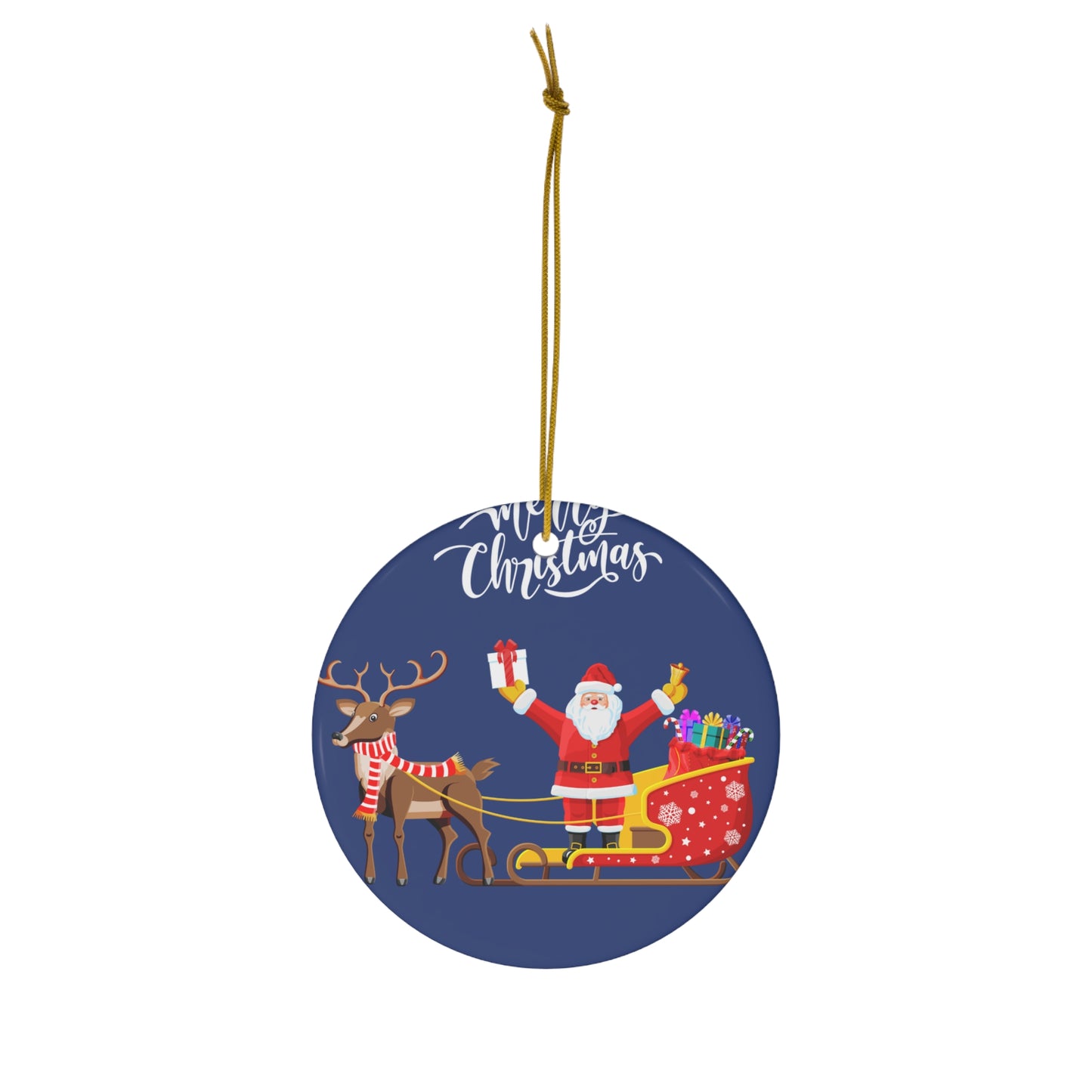 Santa Sleigh Ceramic Ornament — Merry Christmas Round Holiday Decoration