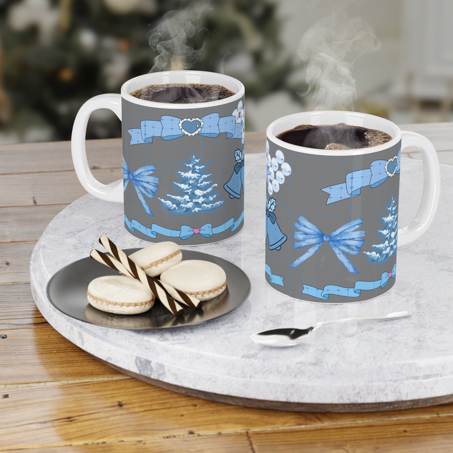 Blue Holiday Ornament Mug — Christmas Tree, Bells & Bows Ceramic Coffee Cup