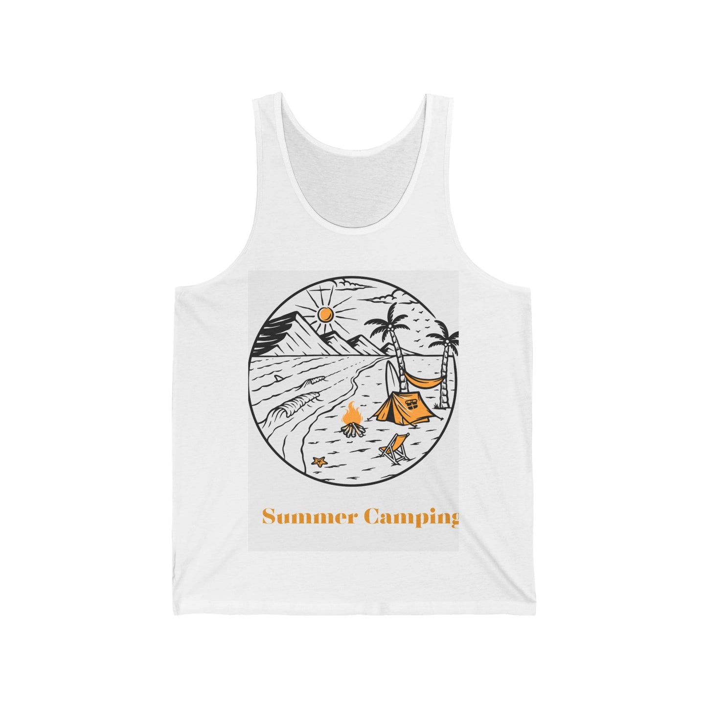 Summer Camping Unisex Jersey Tank, Outdoor Adventure Shirt, Camping Apparel, Gift for Campers, Vacation Wear, Travel Tee