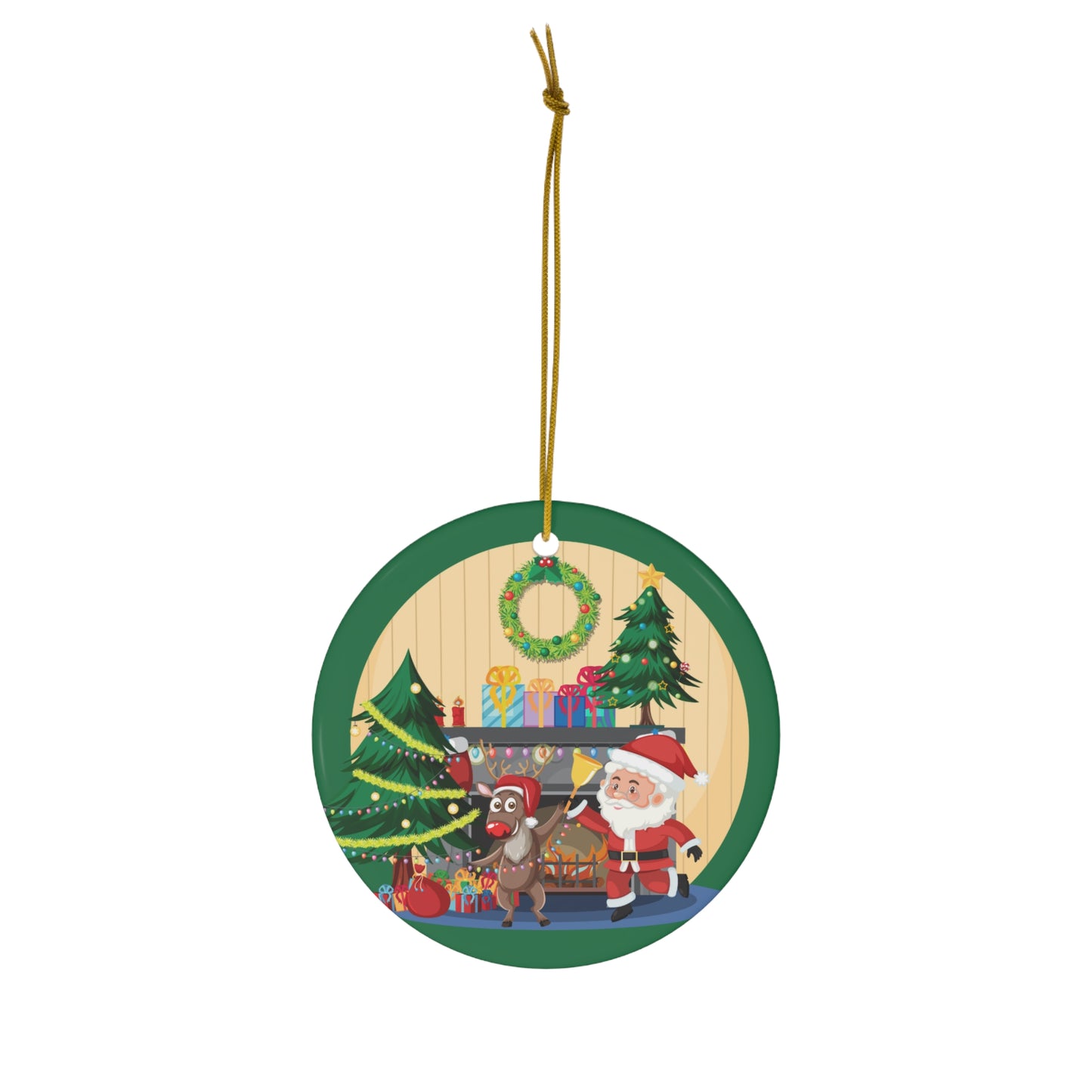 Christmas Santa & Reindeer Ceramic Ornament — Holiday Tree Decoration