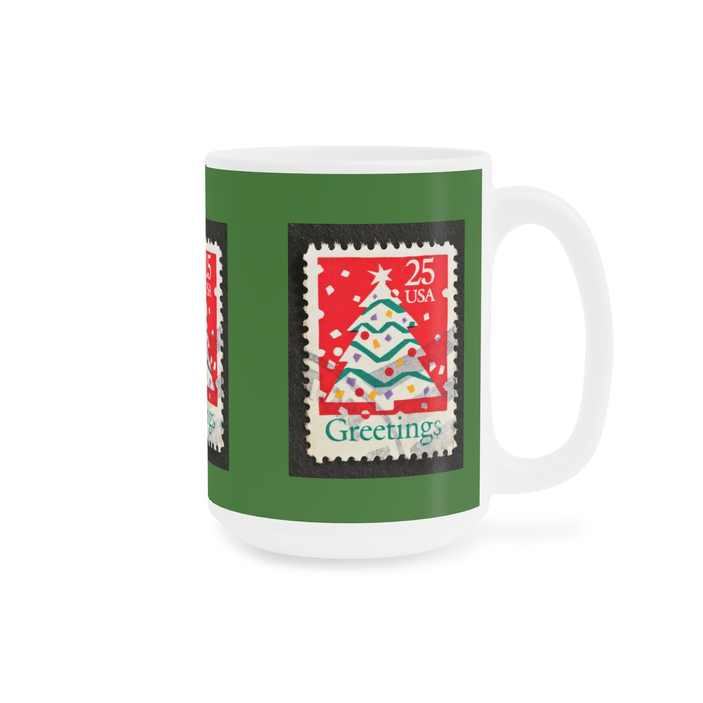 Holiday Stamp Mug — 'Greetings' Christmas Tree Ceramic Coffee Cup