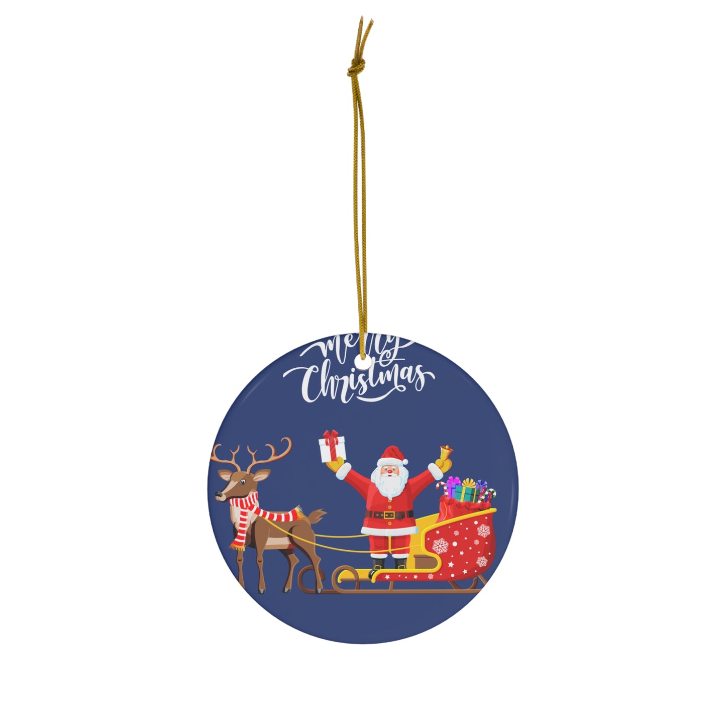 Santa Sleigh Ceramic Ornament — Merry Christmas Round Holiday Decoration