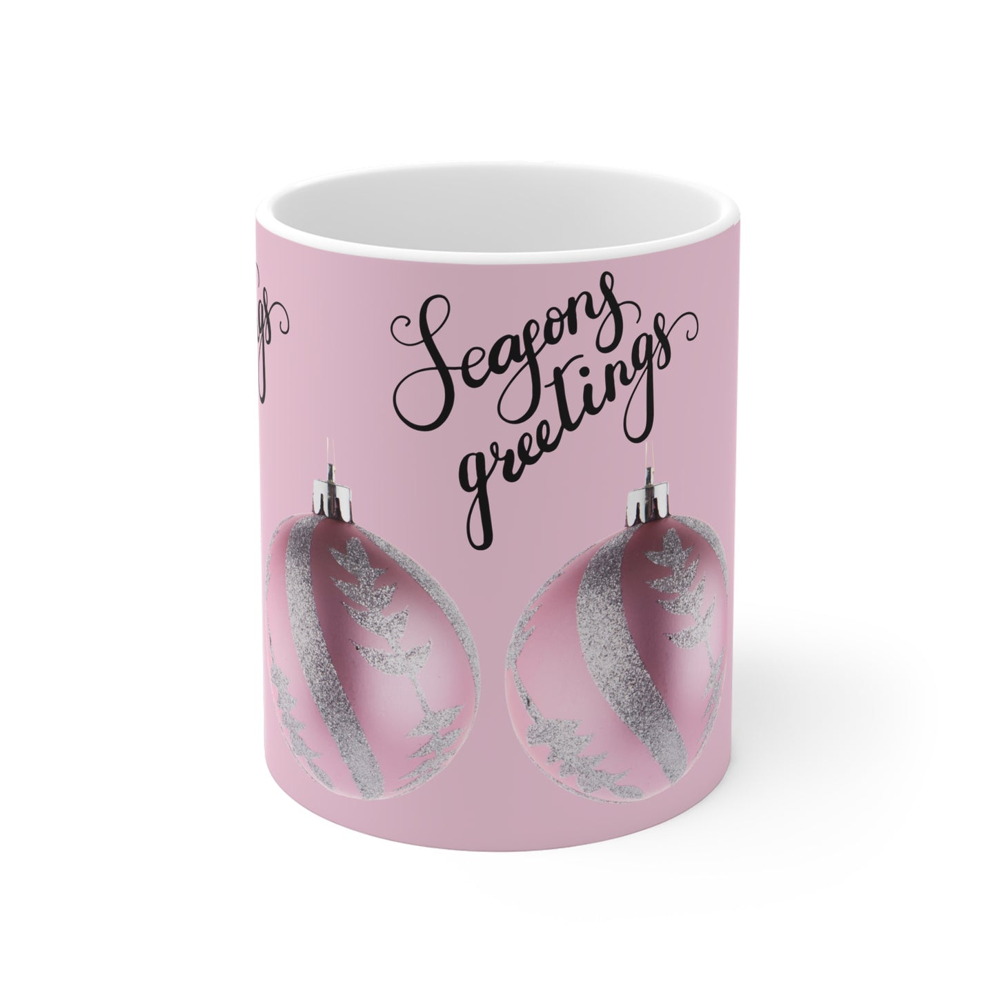 Season's Greetings Pink Ornament Ceramic Mug — Holiday Coffee Cup (11oz/15oz/20oz)