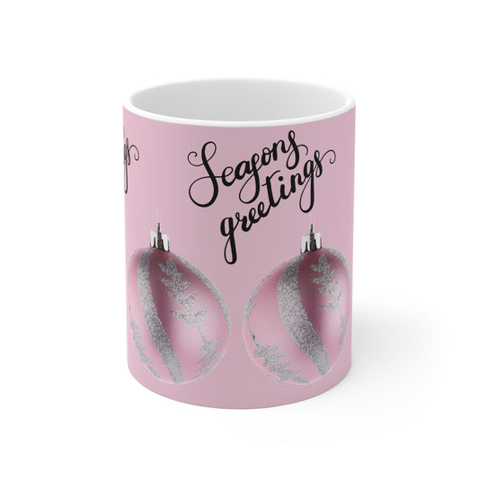 Season's Greetings Pink Ornament Ceramic Mug — Holiday Coffee Cup (11oz/15oz/20oz)