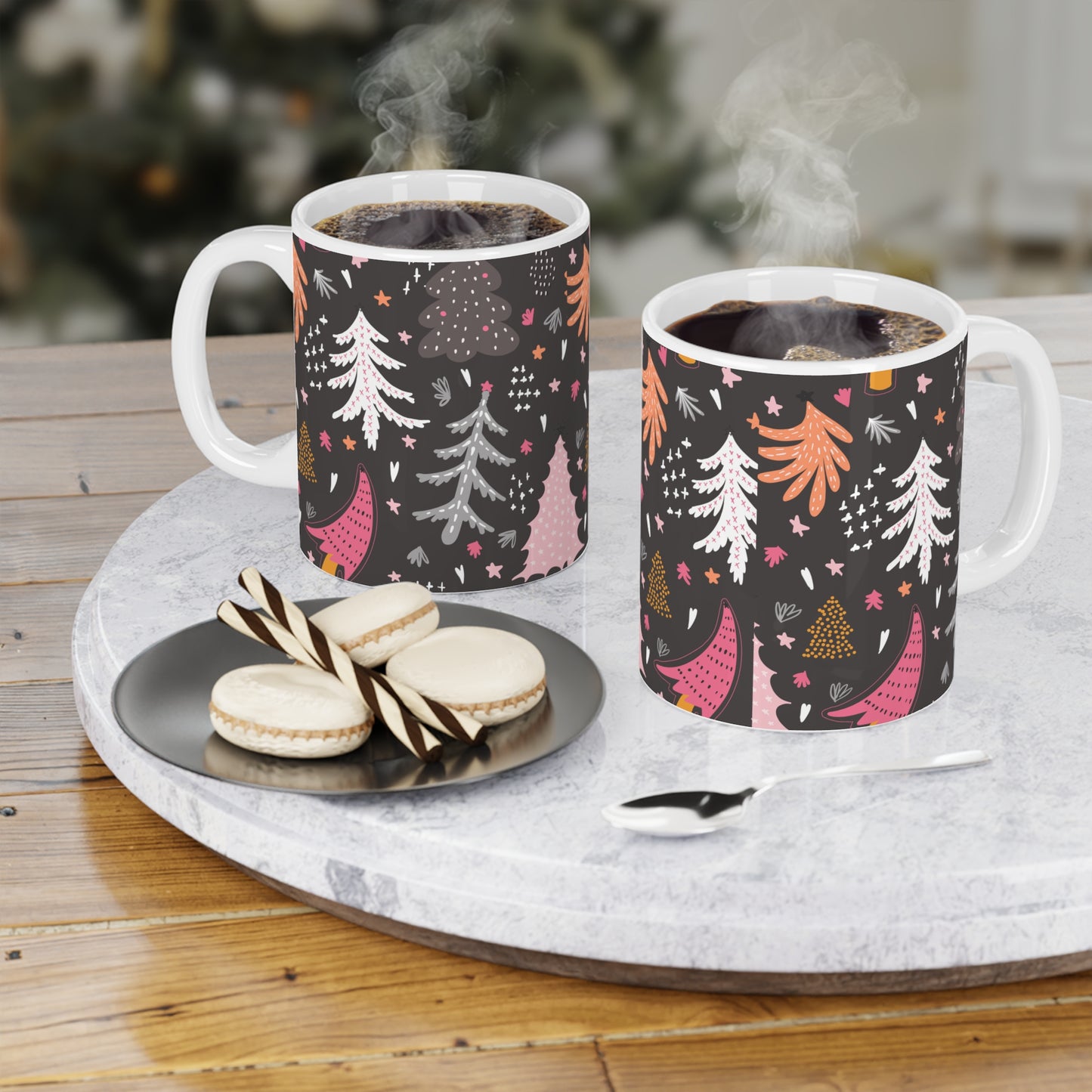 Christmas Tree Pattern Ceramic Mug — Pink & Gold Holiday Coffee Cup
