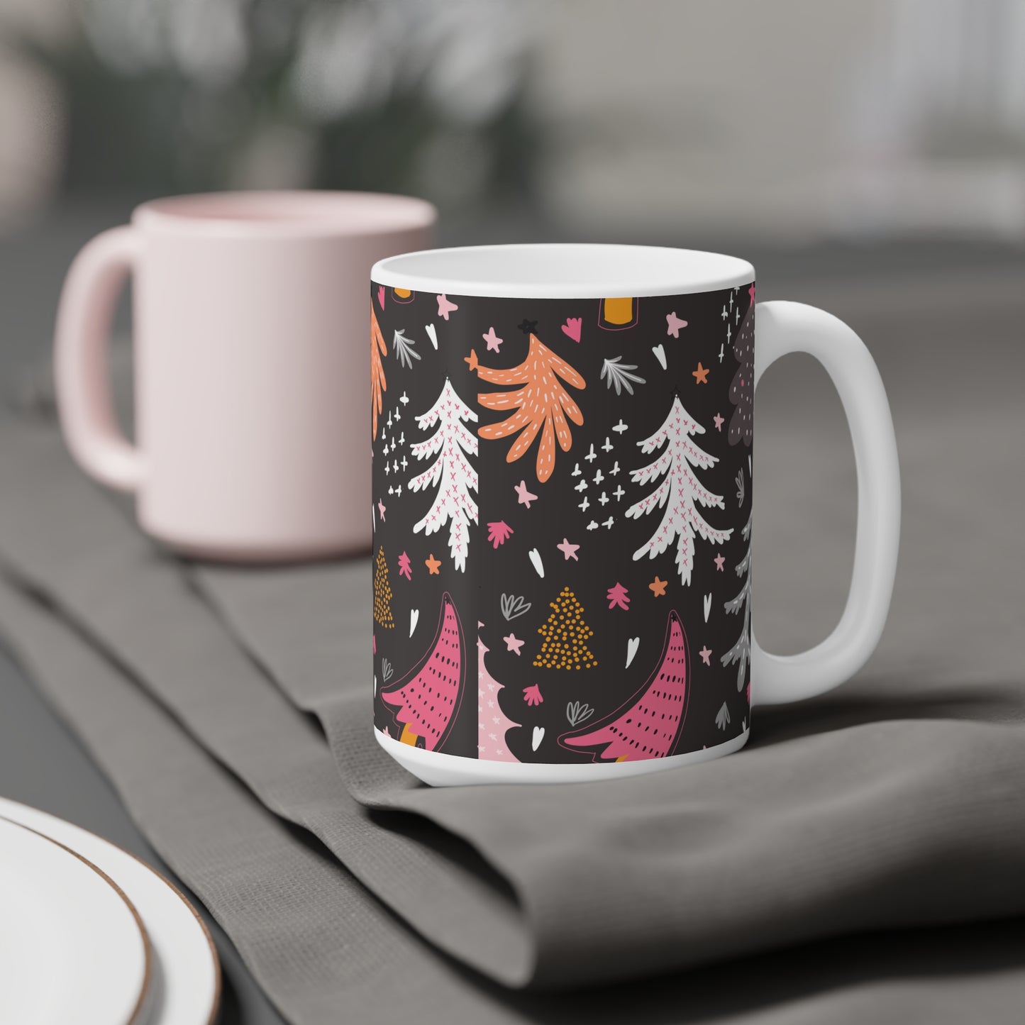 Christmas Tree Pattern Ceramic Mug — Pink & Gold Holiday Coffee Cup