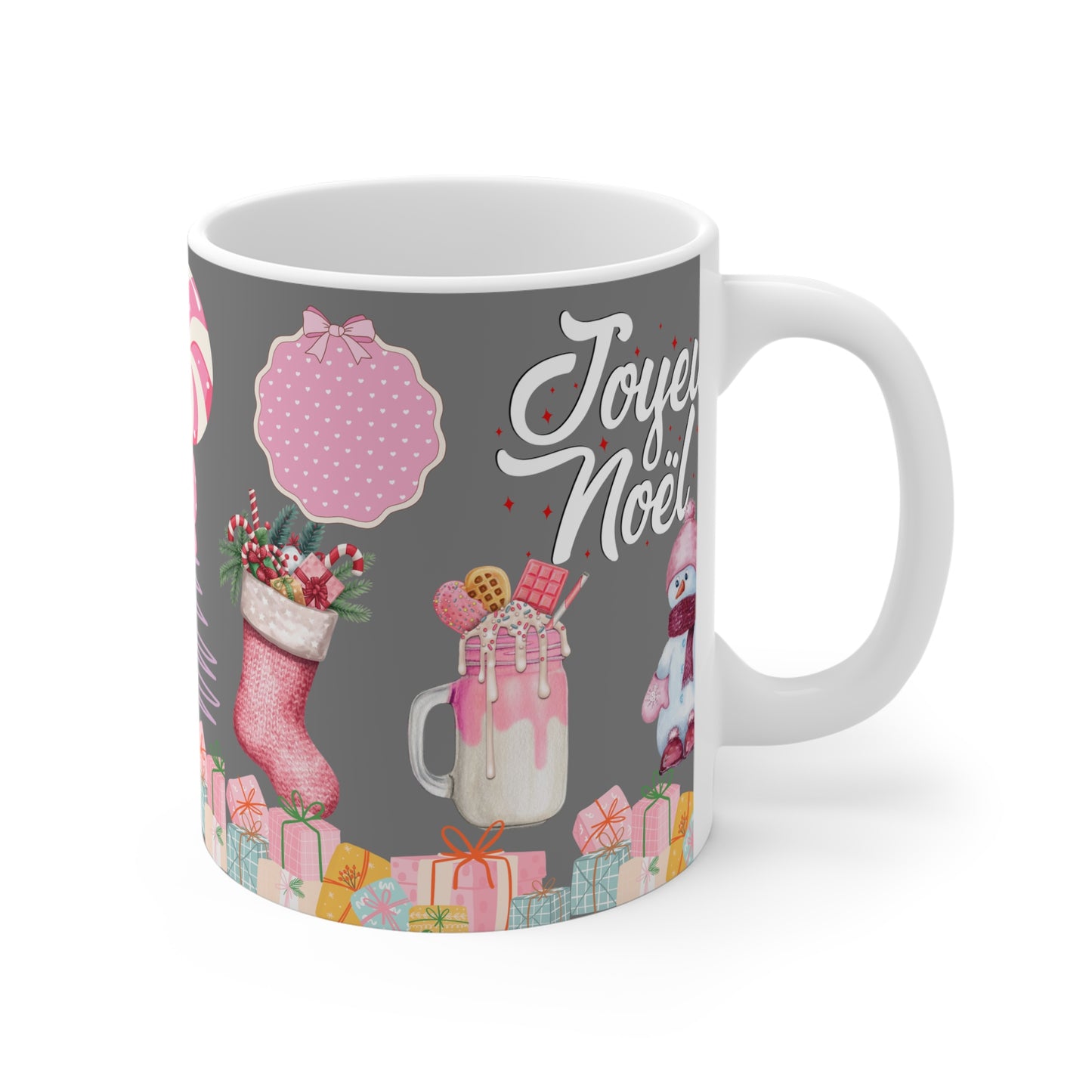 Joyeux Noël Holiday Mug — Pink Christmas Stocking & Cute Snowman Coffee Cup