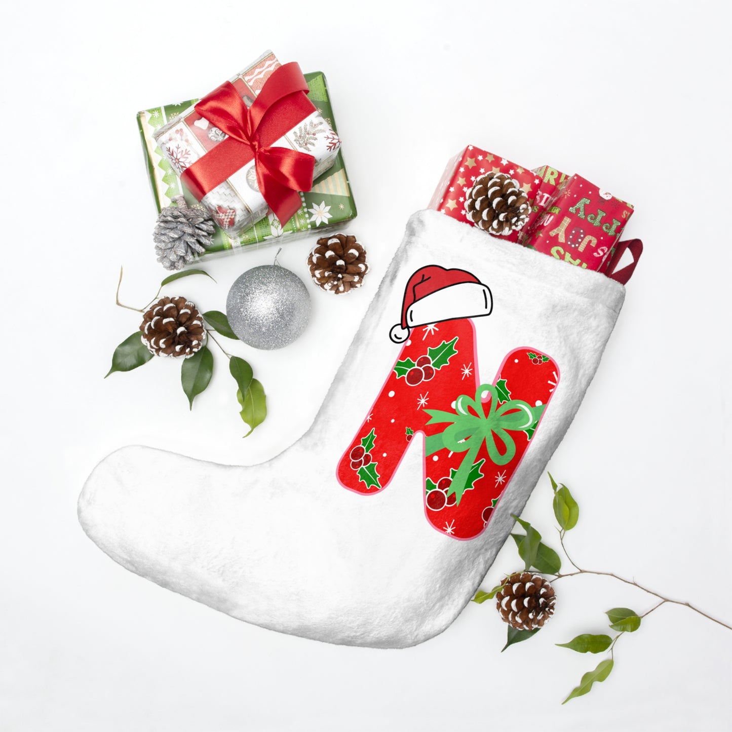 Personalized Letter Christmas Stocking - Red Holly N with Santa Hat & Gift Bow