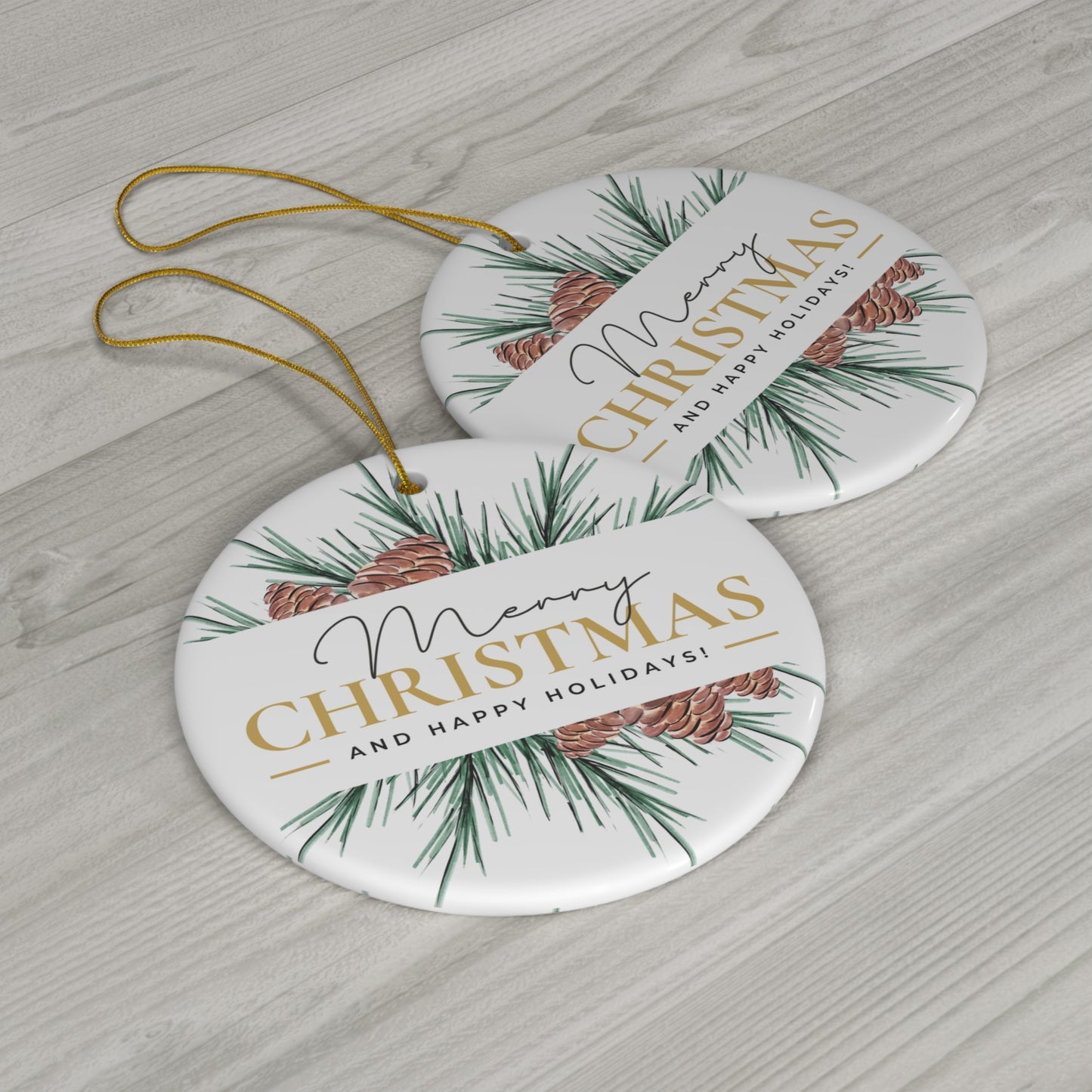 Merry Christmas Ceramic Ornament — Pine & Pinecone Holiday Decoration