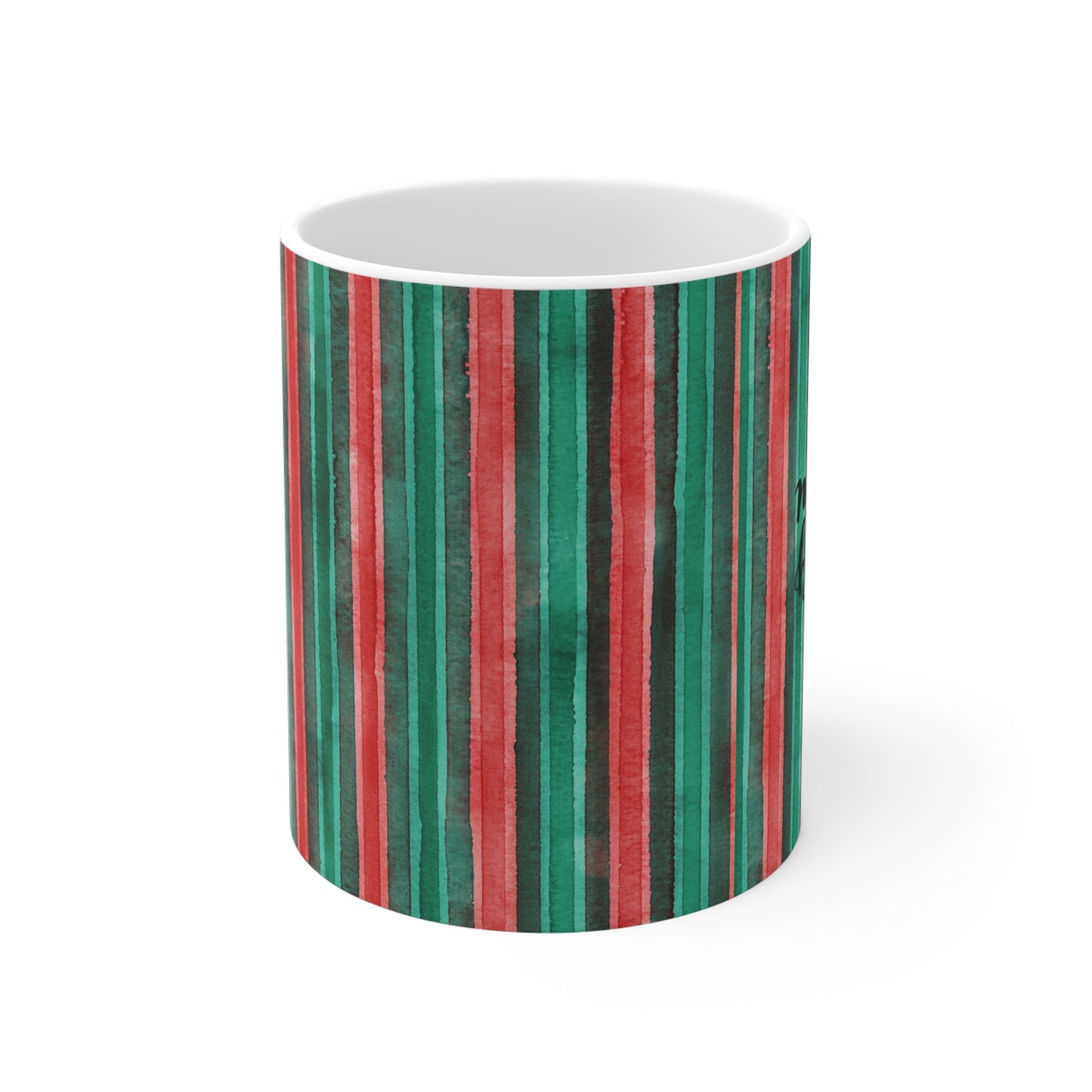Christmas Stripe Mug — 'Be Merry and Bright' Holiday Ceramic Coffee Cup