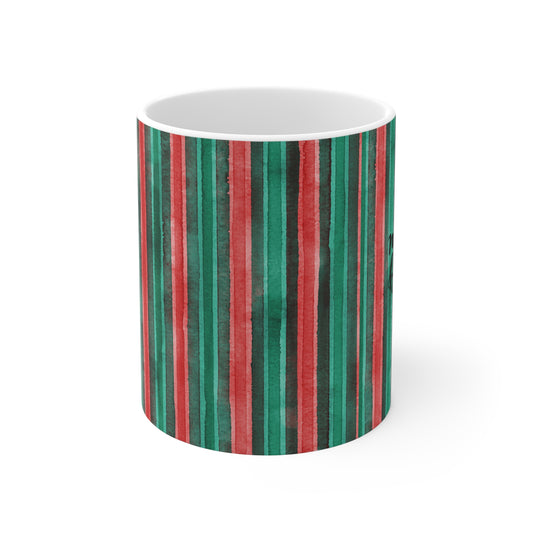 Christmas Stripe Mug — 'Be Merry and Bright' Holiday Ceramic Coffee Cup