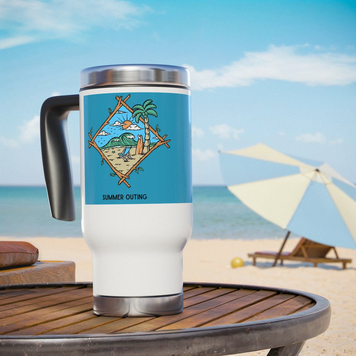 Summer Outing Travel Mug, 14oz Stainless Steel Mug, Fun Beach Vibe Coffee Cup, Vacation Travel Gift, Outdoor Adventure Mug, [...]