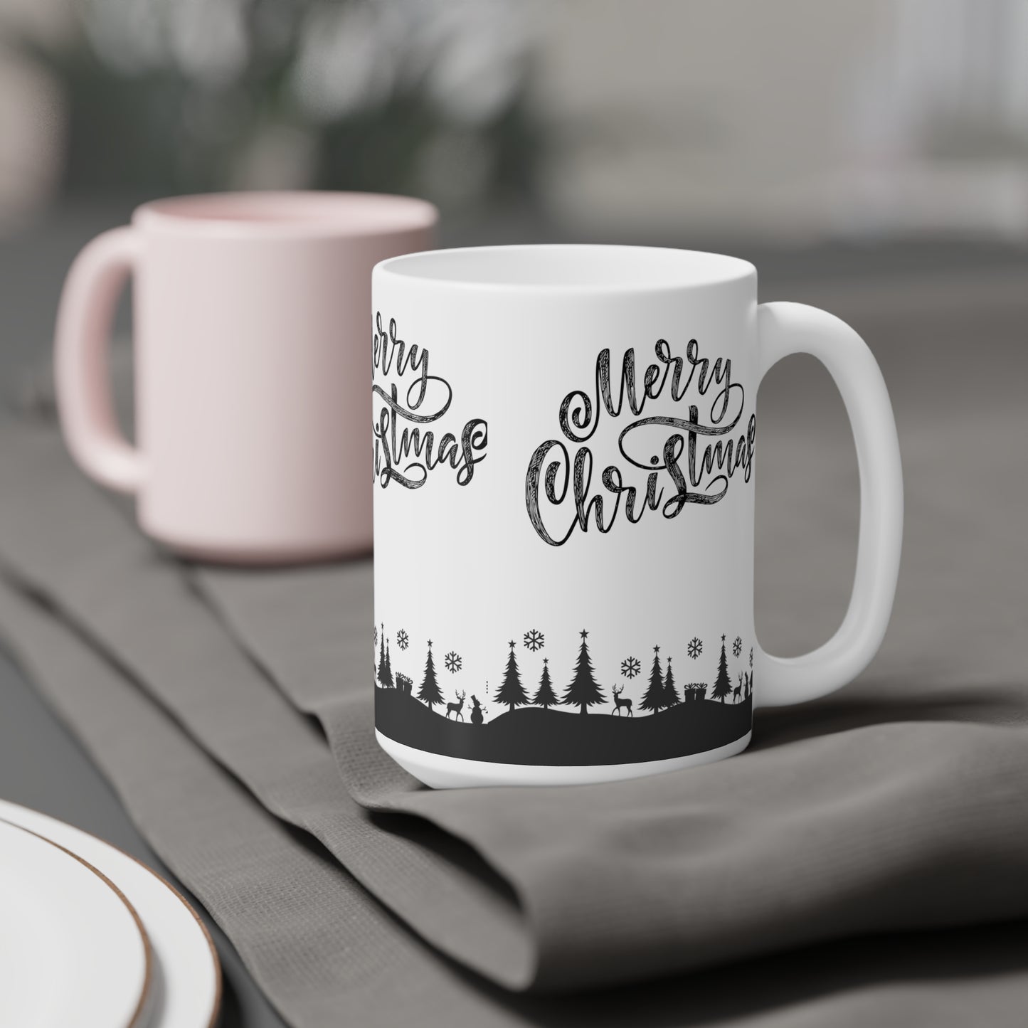 Merry Christmas Ceramic Mug — Black Holiday Village Design (11/15/20oz)