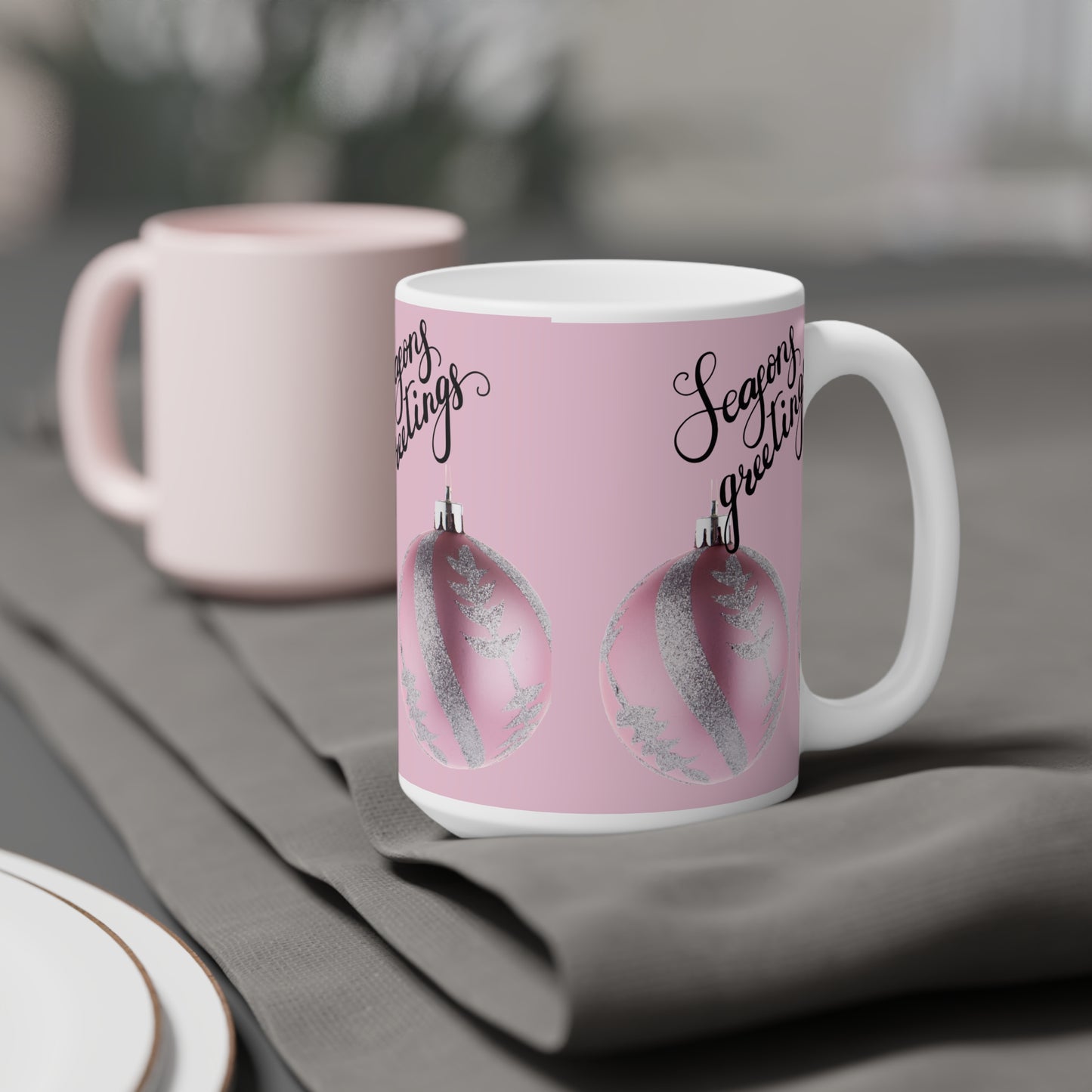 Season's Greetings Pink Ornament Ceramic Mug — Holiday Coffee Cup (11oz/15oz/20oz)