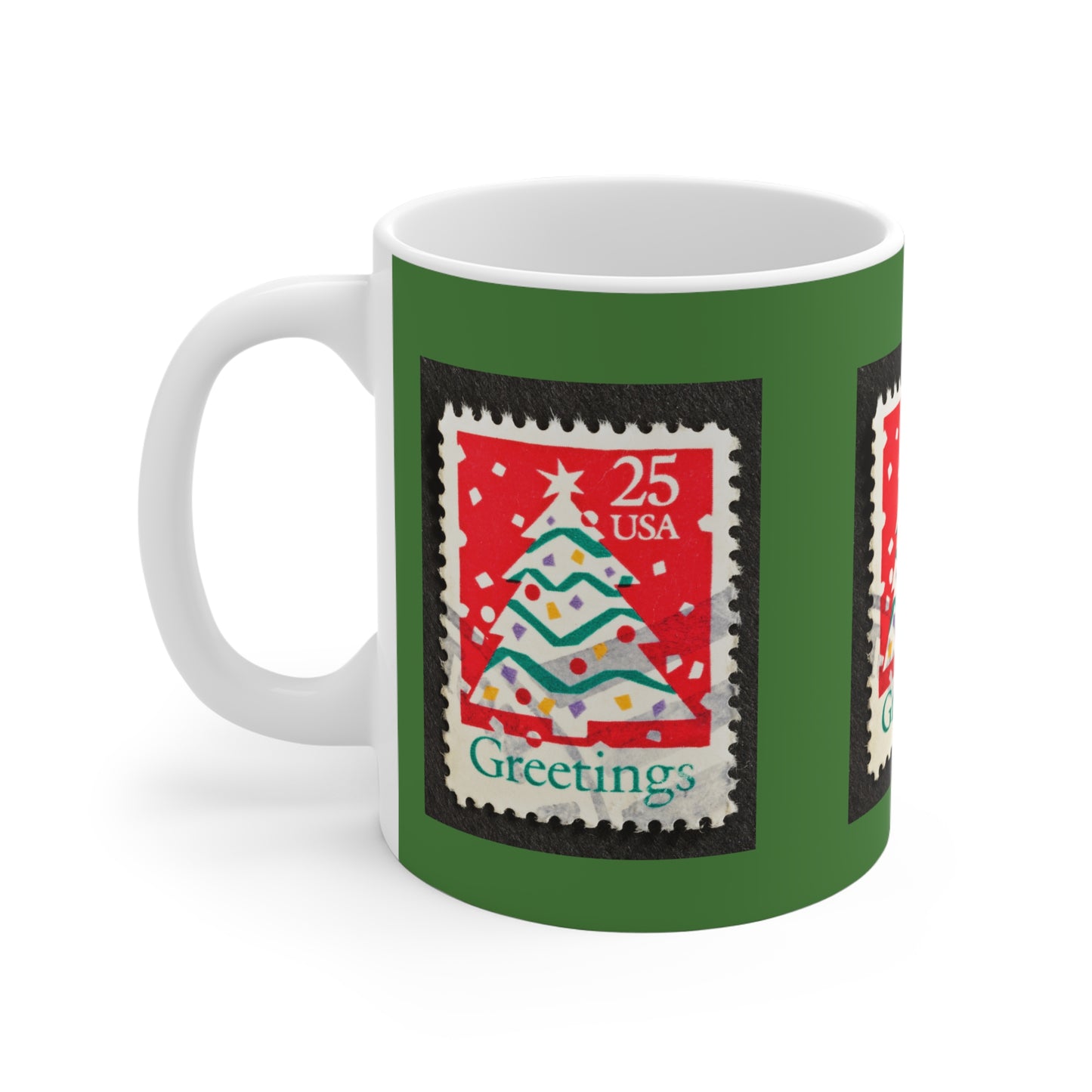 Holiday Stamp Mug — 'Greetings' Christmas Tree Ceramic Coffee Cup