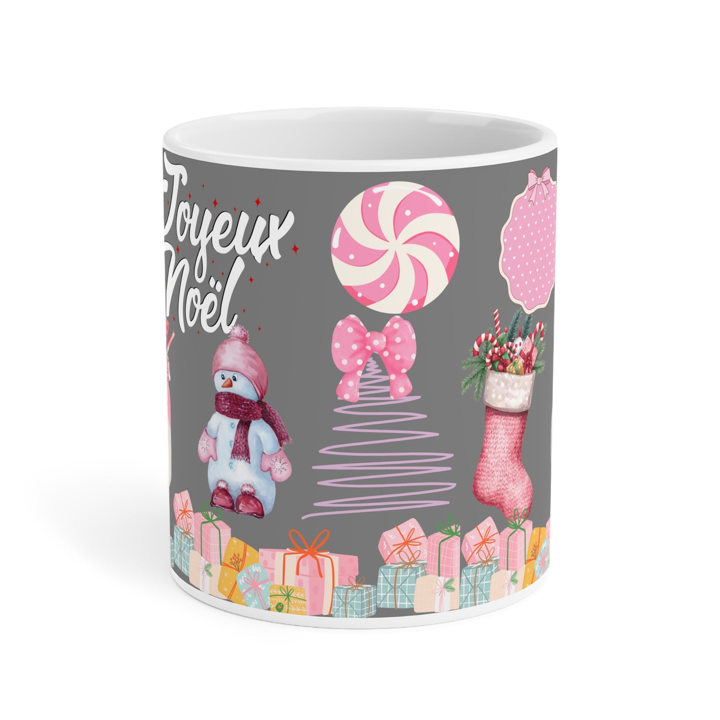Joyeux Noël Holiday Mug — Pink Christmas Stocking & Cute Snowman Coffee Cup